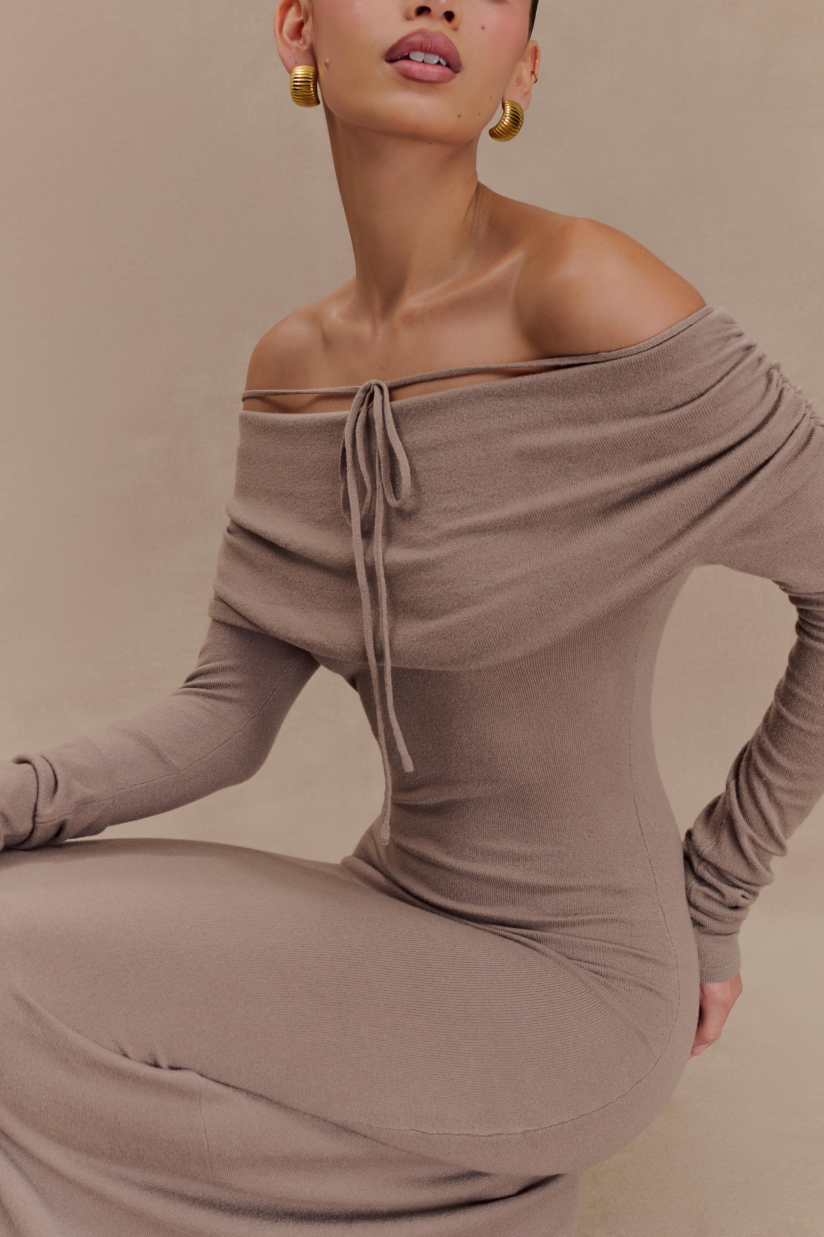 Georgiana Off Shoulder Knit Midi Dress for Women - Elegant Stone Marle Color - Perfect for Date Night, Cocktail Parties & Summer Weddings