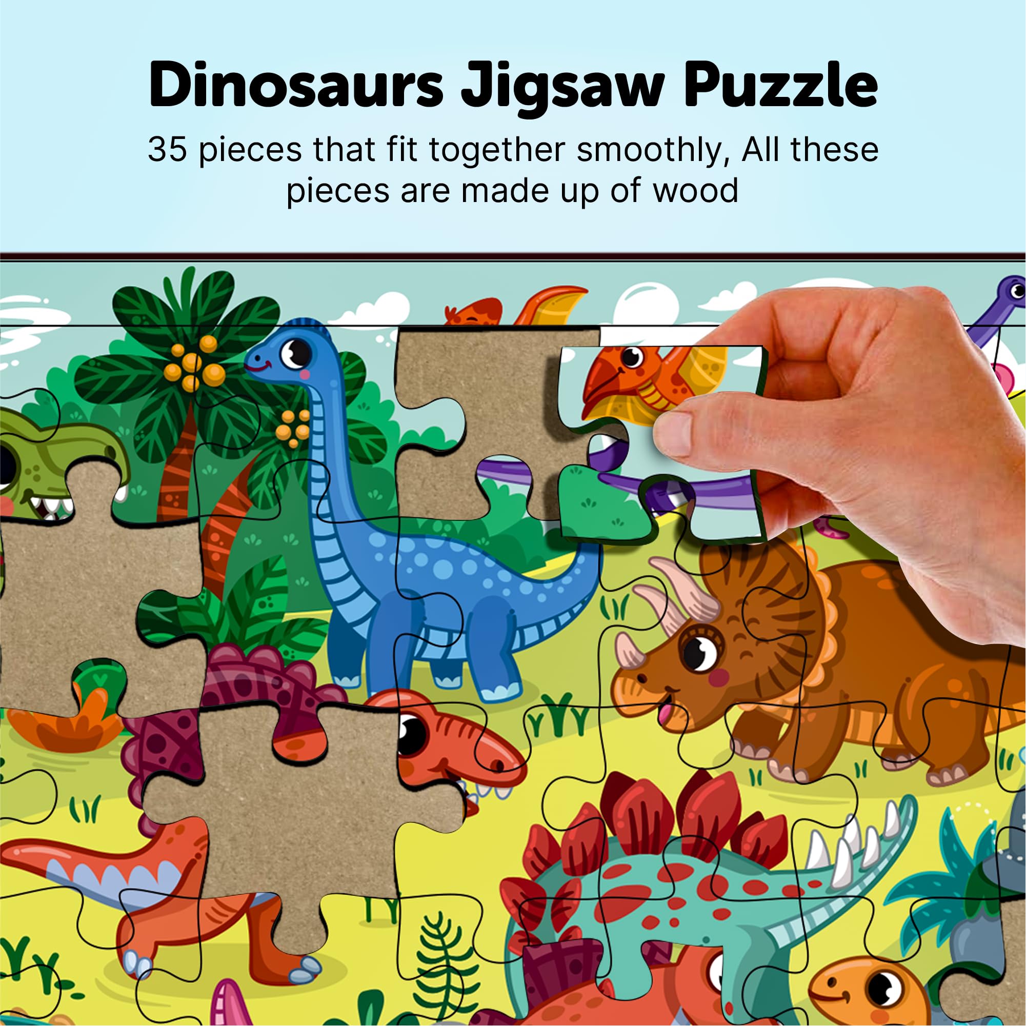 35-Piece Wooden Dinosaur Jigsaw Puzzle for Kids Ages 3+ | Educational Preschool Learning Toy with Wooden Tray | STEM Puzzle Game for Toddlers & Children | Perfect for Birthday Gifts, Classroom Activities & Family Game Night