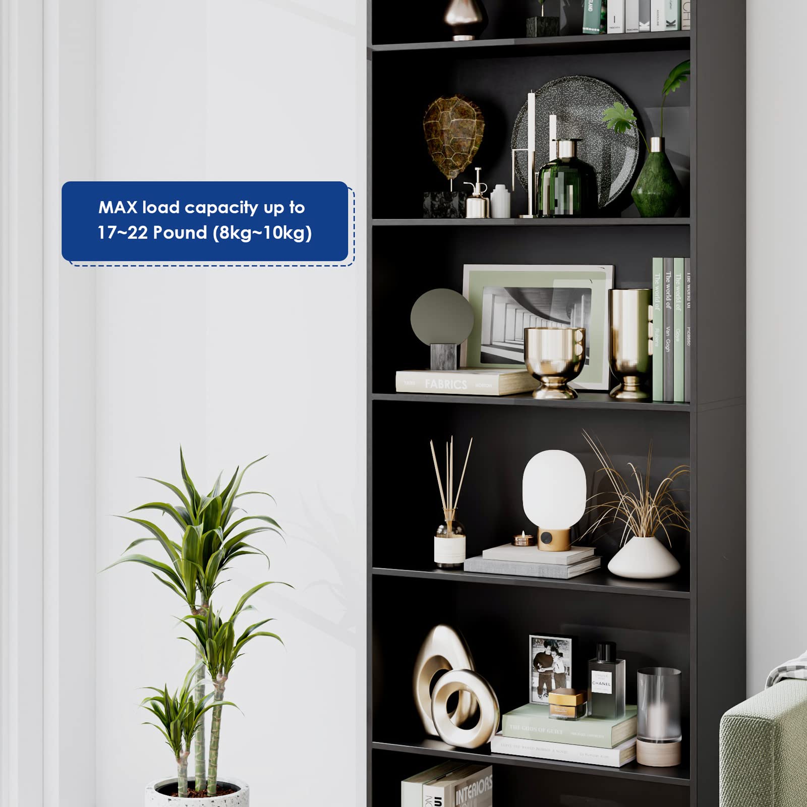 FOTOSOK 6-Tier Open Bookcase & Bookshelf - Freestanding Tall Storage Shelf for Bedroom, Living Room & Office - Modern Display Organizer for Books, Decor & Essentials - Black (Perfect for Home, Office & Dorm Organization)