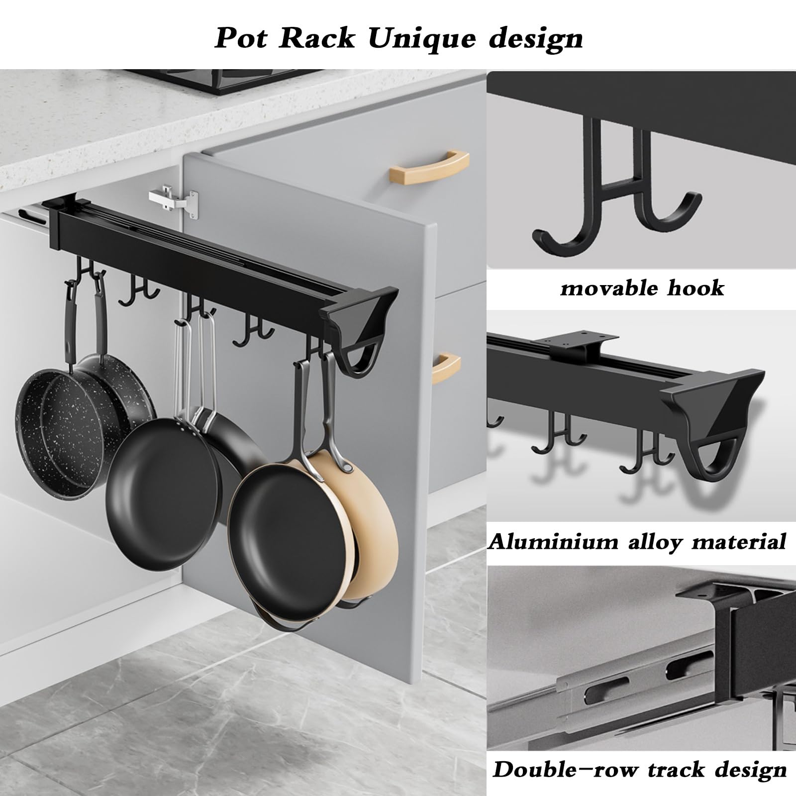 **Pull Out Pots and Pans Organizer for Kitchen Cabinets - Heavy Duty Hanging Sliding Utensil Holder with Double Row Hooks, 30kg/66lbs Capacity (46cm/18.11in) - Perfect for Pantry, Spice Rack & Cooking Tool Storage**