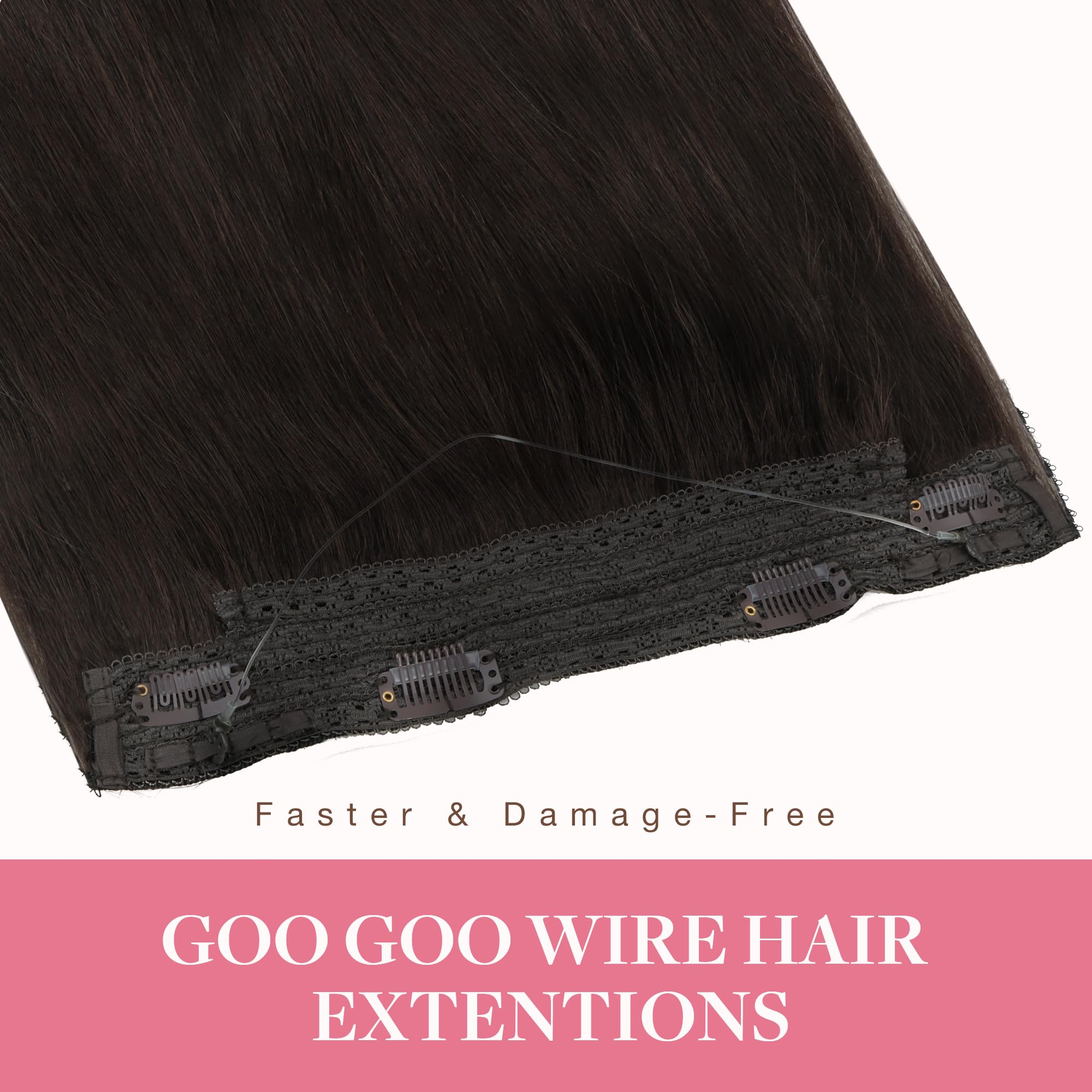GOO GOO Invisible Wire Hair Extensions 18inch Human Hair - 2A Light Brown Natural (95g) | Transparent Seamless Fish Line Hairpiece for Everyday Wear & Special Occasions