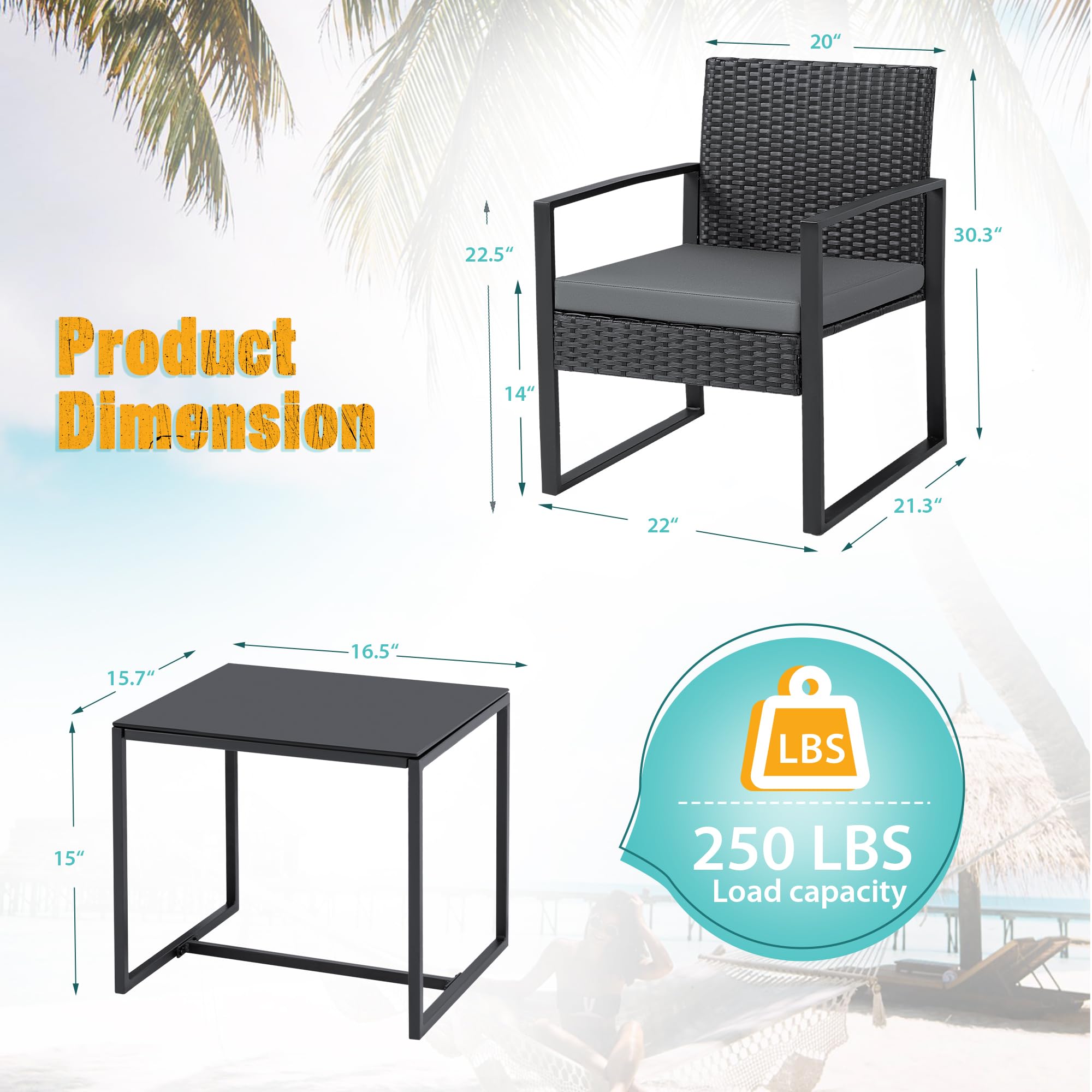 Flamaker 3-Piece Patio Set - Modern Outdoor Wicker Furniture with Rattan Chairs & Coffee Table - Grey Bistro Conversation Set for Backyard, Garden, or Balcony Relaxation