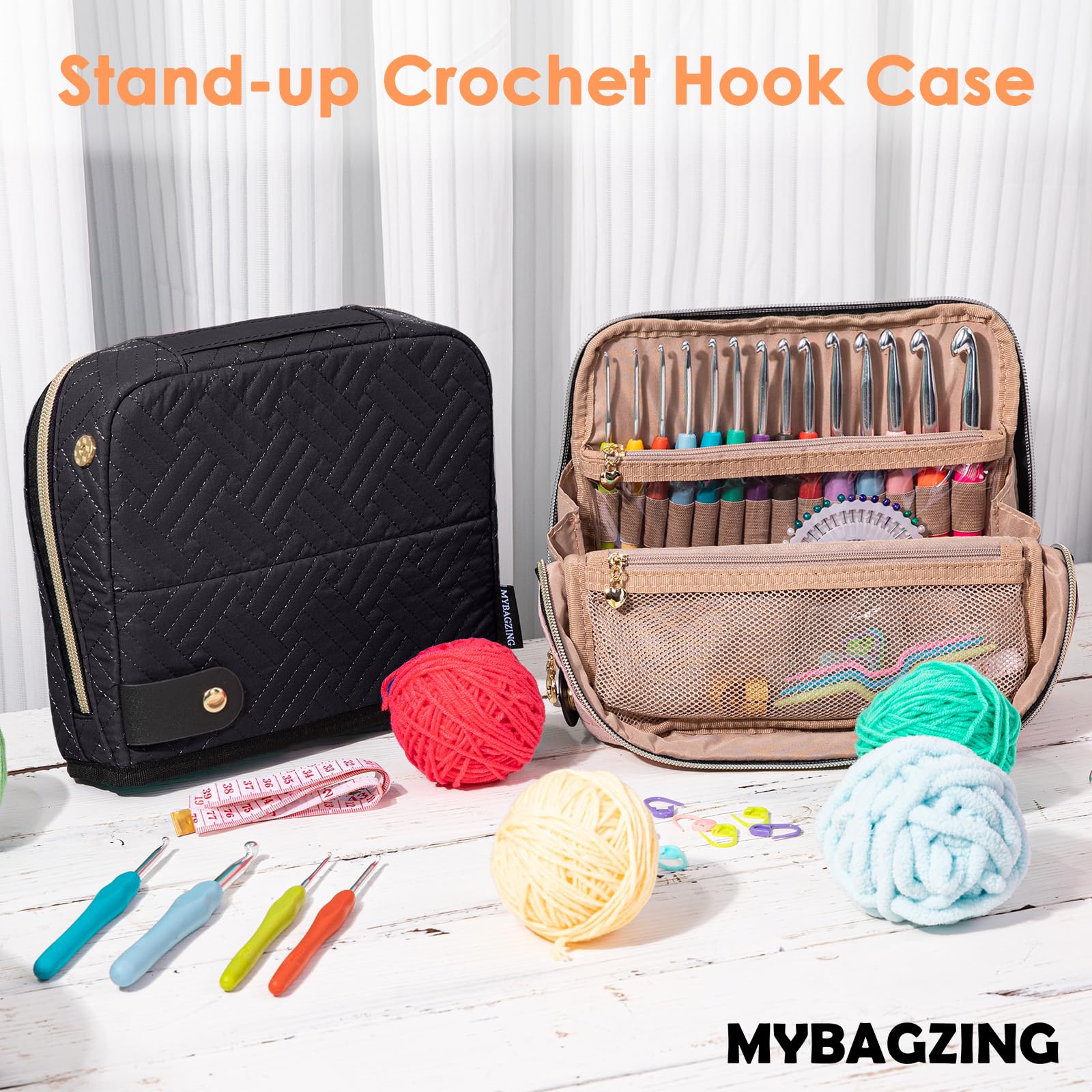 MYBAGZING 14-Size Crochet Hook Set (2mm-10mm) with Ergonomic Handles & Stand-Up Organizer Case - Perfect for Crochet Lovers & Beginners - Ideal for Home Crafting, Travel Projects, and DIY Gift Making