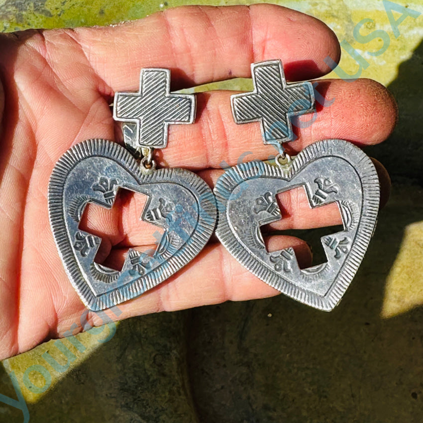 Sterling Silver Heart & Cross Large Pierced Post Earrings for Women - Elegant Dangle Earrings for Valentine's Day, Wedding, Anniversary & Everyday Wear