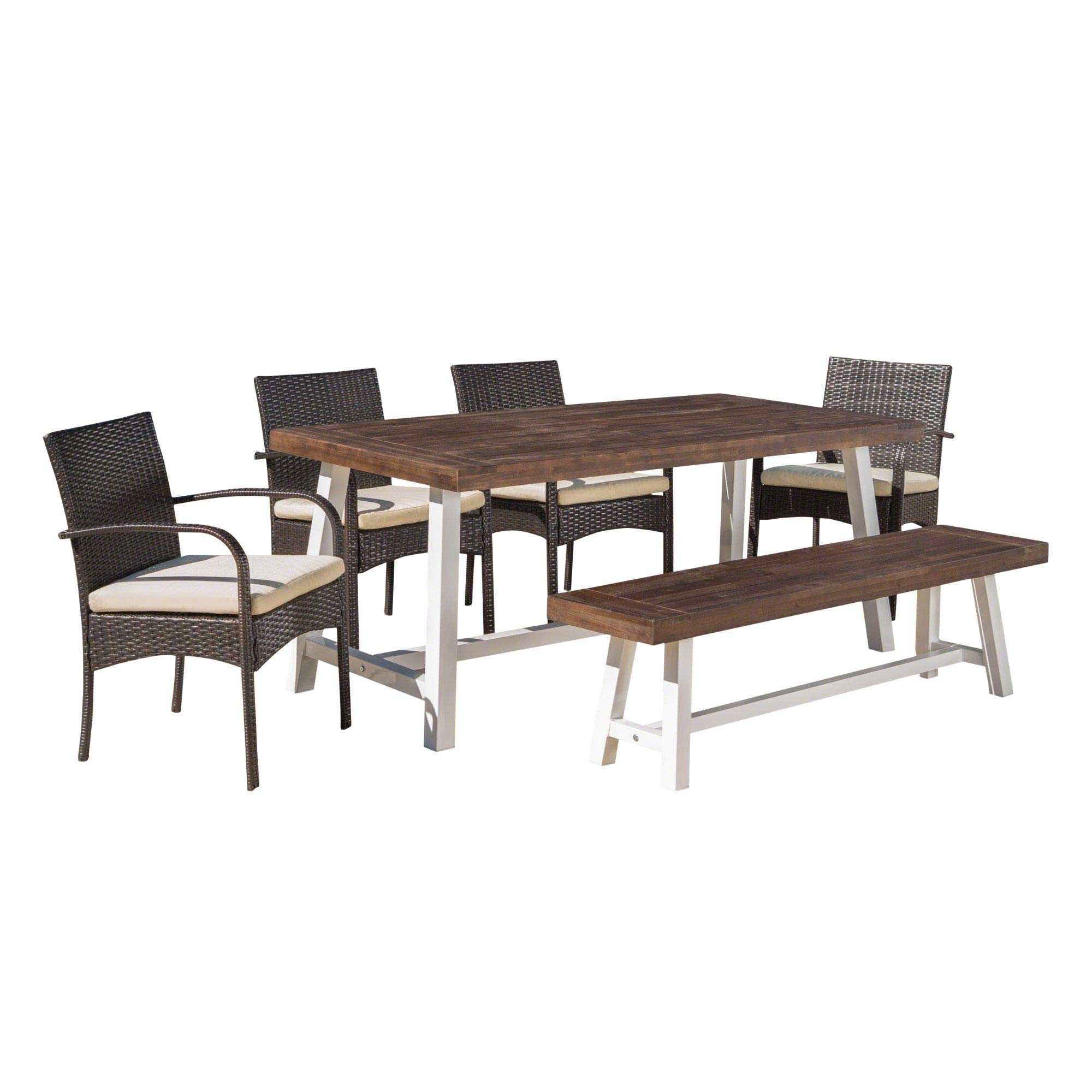 6-Piece Brown Modern Outdoor Patio Dining Set with Cream White Cushions - Durable Weather-Resistant Furniture for Backyard, Garden, Poolside & Terrace Dining