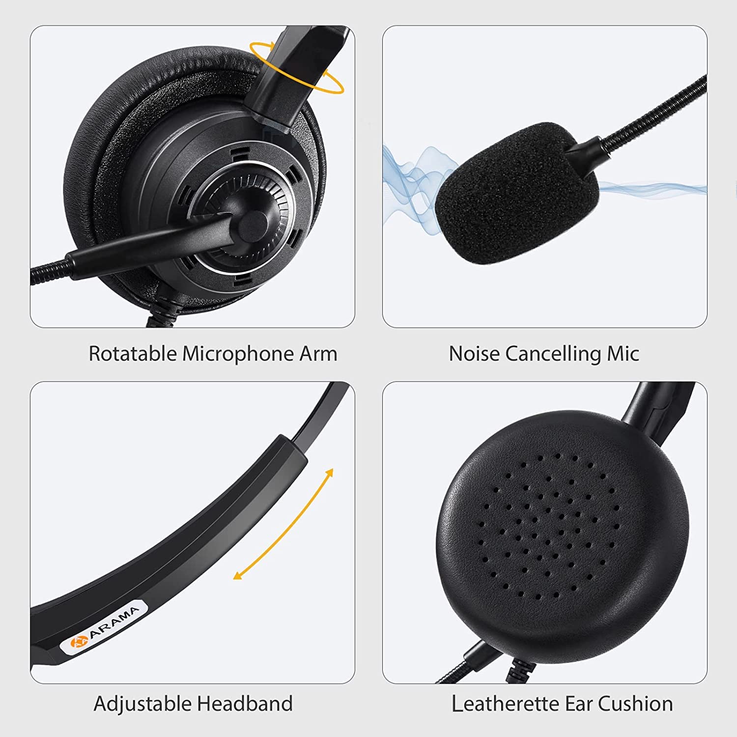 Arama USB Headset with Noise Cancelling Microphone & In-Line Volume Control - Stereo PC Headphones for Laptop, Computer, Business, Home Office - Ideal for Call Center, Skype, Zoom Meetings & Online Chat (Lightweight Design)