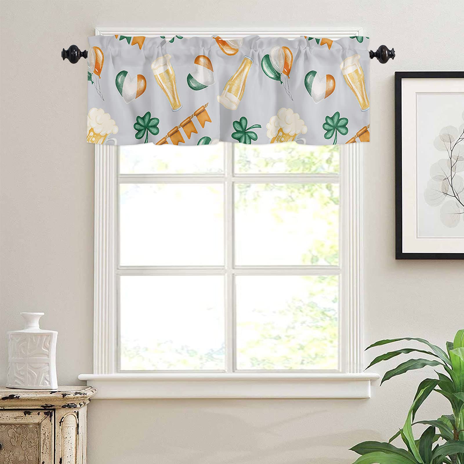 St. Patrick's Day Beer Themed Valance Curtains - 54x18 Inch Rod Pocket Window Valance for Kitchen, Bathroom, Living Room & Bedroom - Fun Cartoon Design Home Decor for Irish Pub Parties & Holiday Celebrations