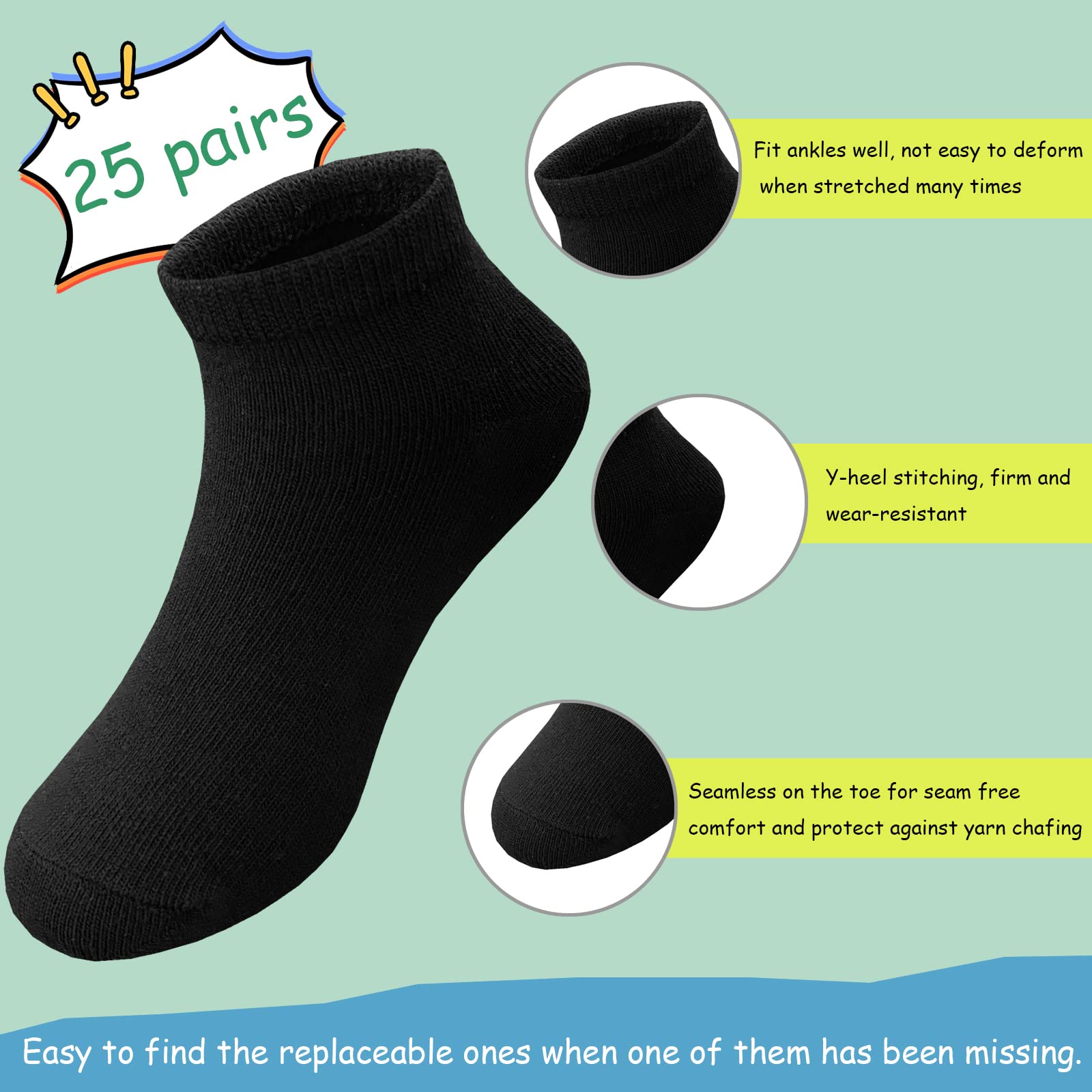 25 Pairs Boys Athletic Ankle Socks - Breathable Sport Socks with Half Cushion for Kids - Perfect for Running, School & Daily Activities