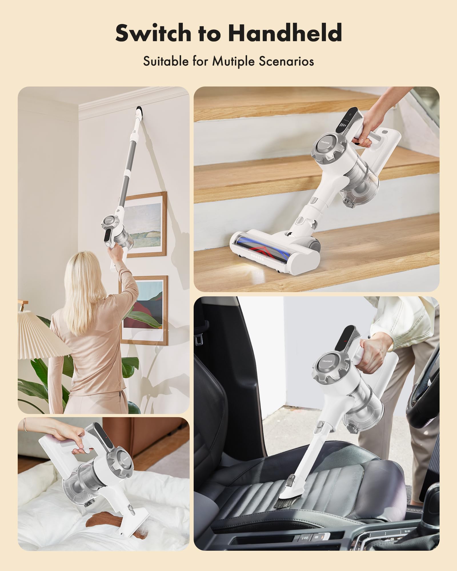 8-in-1 Cordless Vacuum Cleaner with 45min Runtime | Powerful Suction Rechargeable Stick Vacuum for Carpet, Tile & Hardwood Floors | Lightweight Pet Hair Vacuum for Home, Office & Car Cleaning (White)
