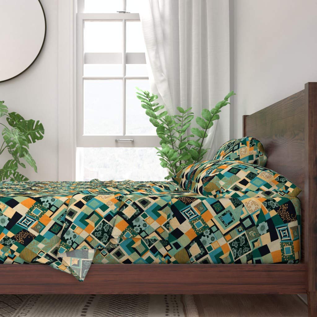 Bohemian Turquoise Boho Diamond Quilt Patchwork Teal Floral Print 100% Cotton Queen 4-Piece Sheet Set | Custom Bedding for Master Bedroom, Guest Room & Bohemian Home Decor