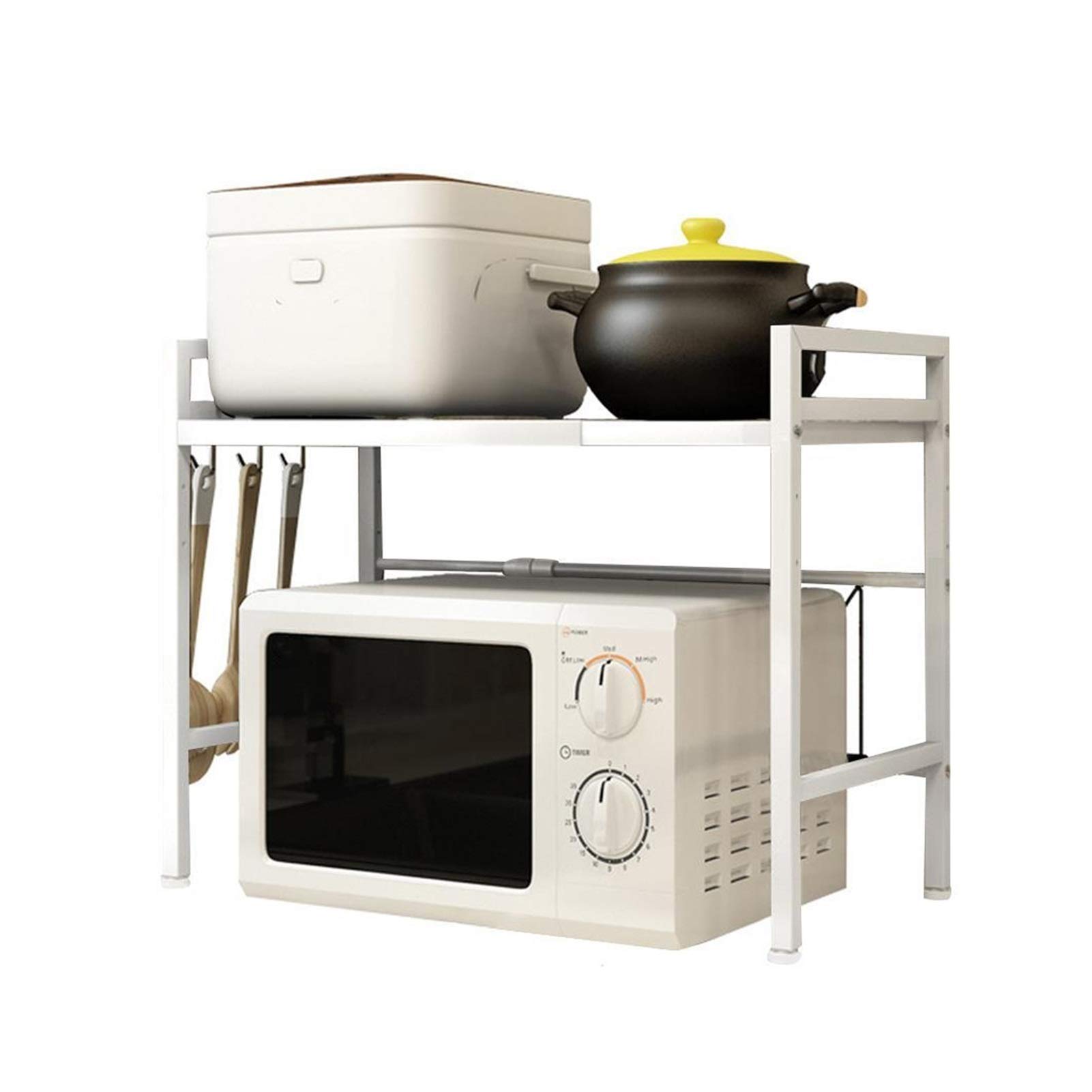 3-Tier Retractable Microwave Oven Rack - Carbon Steel Kitchen Counter Shelf Organizer with Smooth Edges - Space Saving Storage Solution for Microwave, Spices & Kitchen Utensils - Perfect for Small Kitchens & Countertop Organization (White)