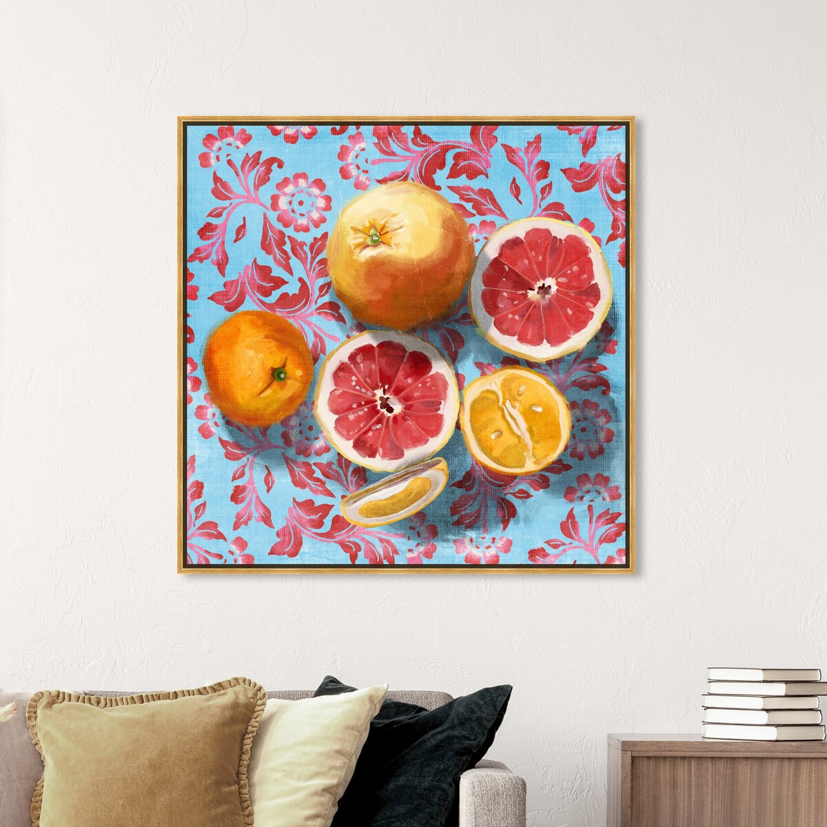 Tropical Citrus Still Life Blue Framed Canvas Wall Art Print - Sour Fruit Kitchen Decor for Cabin & Lodge - Perfect for Farmhouse, Dining Room & Country Style Homes