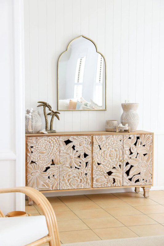 Hand Carved Large Floral Wood Sideboard Cabinet - Rustic Farmhouse Buffet Storage for Dining Room & Living Room