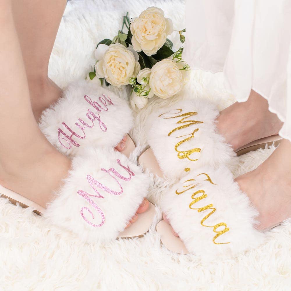 Custom Personalized Bride Slippers - Monogrammed Wedding Shower Gift for Bride & Bridesmaids - Open Toe Fuzzy House Slippers for Women - Perfect for Wedding Day, Bridal Party & Cozy Home Wear