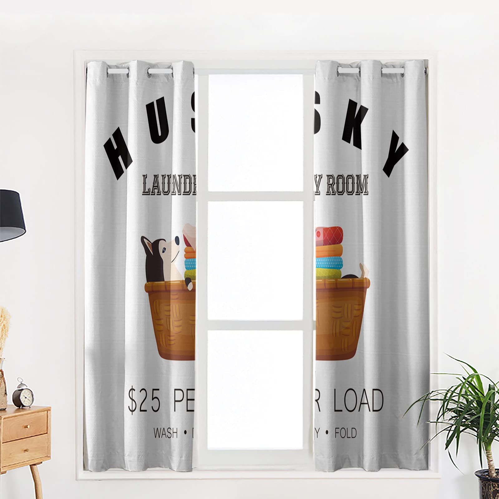 Z&L Home Blackout Curtains with Funny Husky Dog in Basket Design - Thermal Insulated Grommet Top Drapes for Bedroom, Living Room & Kitchen (Set of 2) - Perfect for Room Darkening, Energy Saving & Home Decor