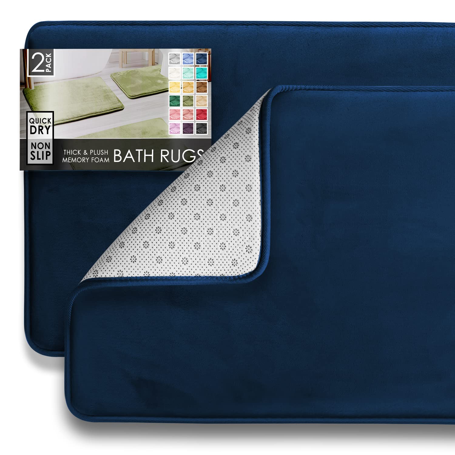 Premium Non-Slip Bath Mat Set - Ultra Soft Velvet Memory Foam Bathroom Rugs (2-Pack, 20x32, Royal Blue) for Bath & Shower Safety
