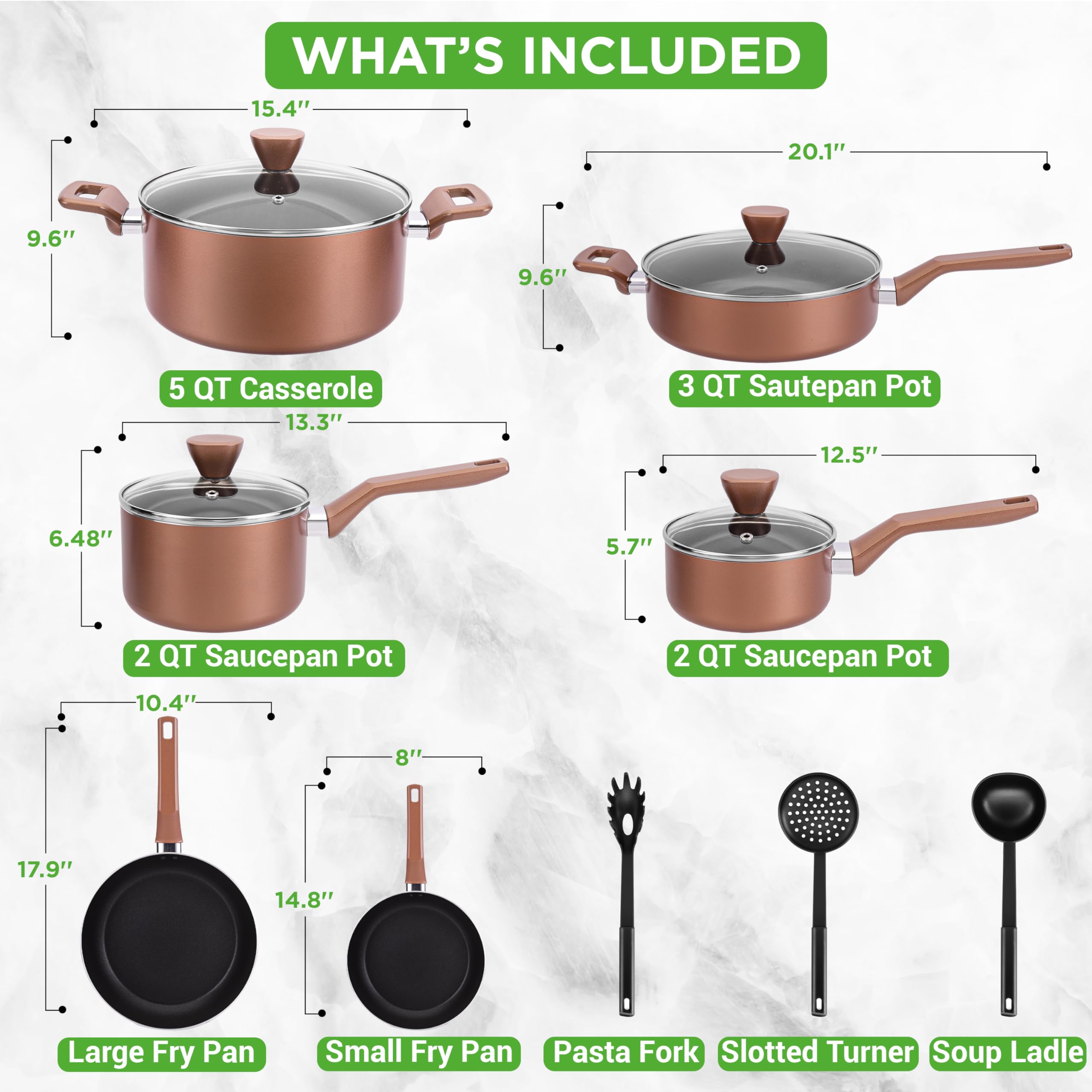 NutriChef 13-Piece Nonstick Cookware Set - PTFE/PFOA/PFOS-Free, Heat Resistant Pots & Pans with Saucepan, Frying Pans, Casserole, Lids & Kitchen Utensils - Brown (NCCWA13BR) - Perfect for Home Cooking, Meal Prep & Family Dinners