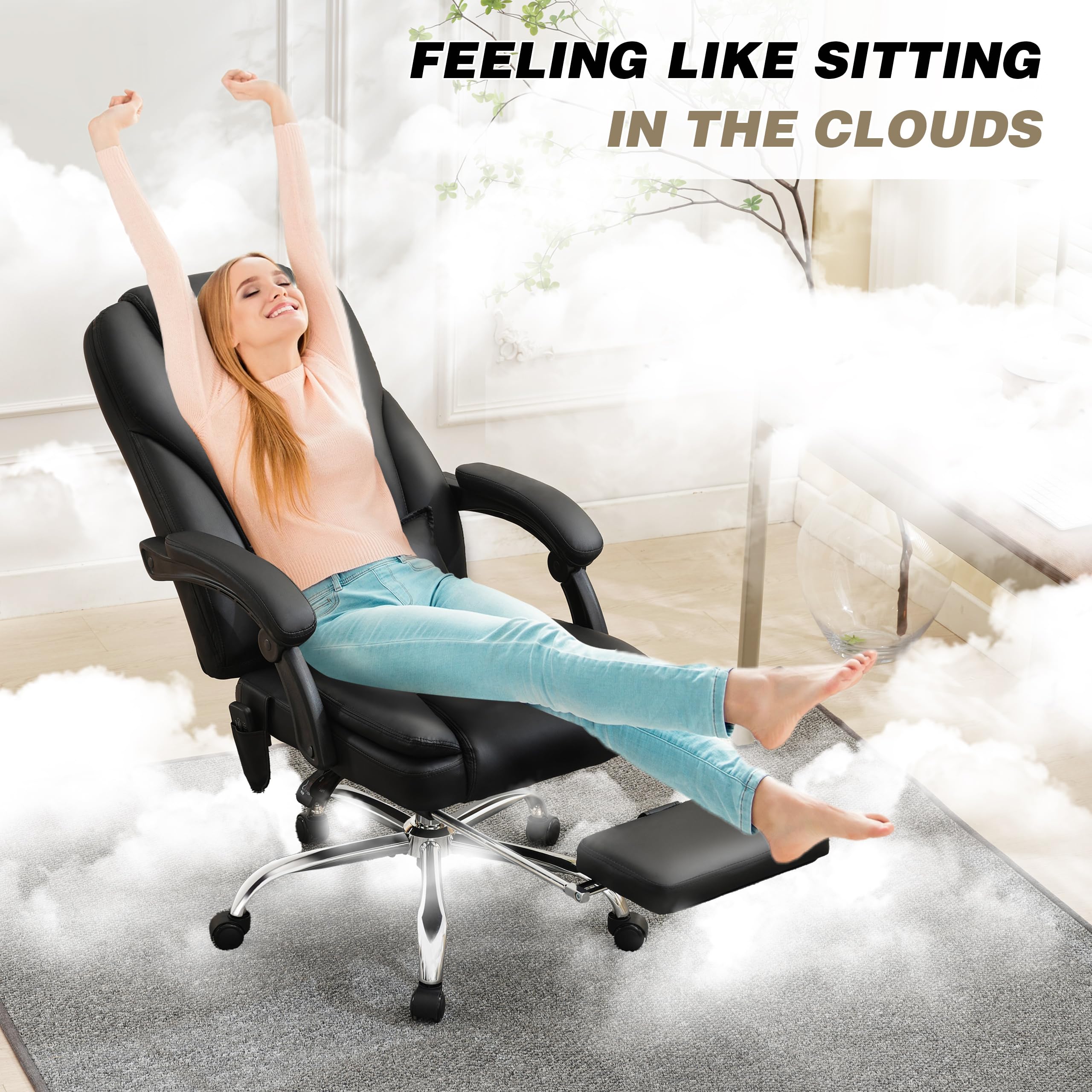 Premium Ergonomic Executive Office Chair with Massage & Heat - 500LBS Capacity PU Leather Reclining Chair with Wide Seat, Footrest & Lumbar Support - Perfect for Home Office, Gaming & Workspace Comfort (Black)