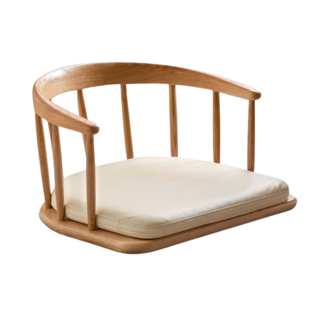 Solid Oak Wood Low Circle Floor Chair - Modern Japanese Style Tea Ceremony Seating for Meditation, Yoga & Relaxation at Home