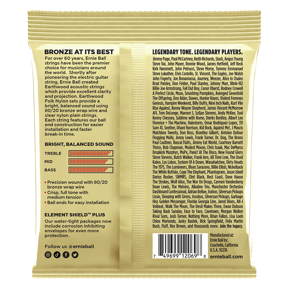 Ernie Ball Earthwood Folk Nylon Acoustic Guitar Strings - 80/20 Bronze, Clear & Gold Ball End, 28-42 Gauge | Perfect for Folk, Classical & Fingerstyle Playing