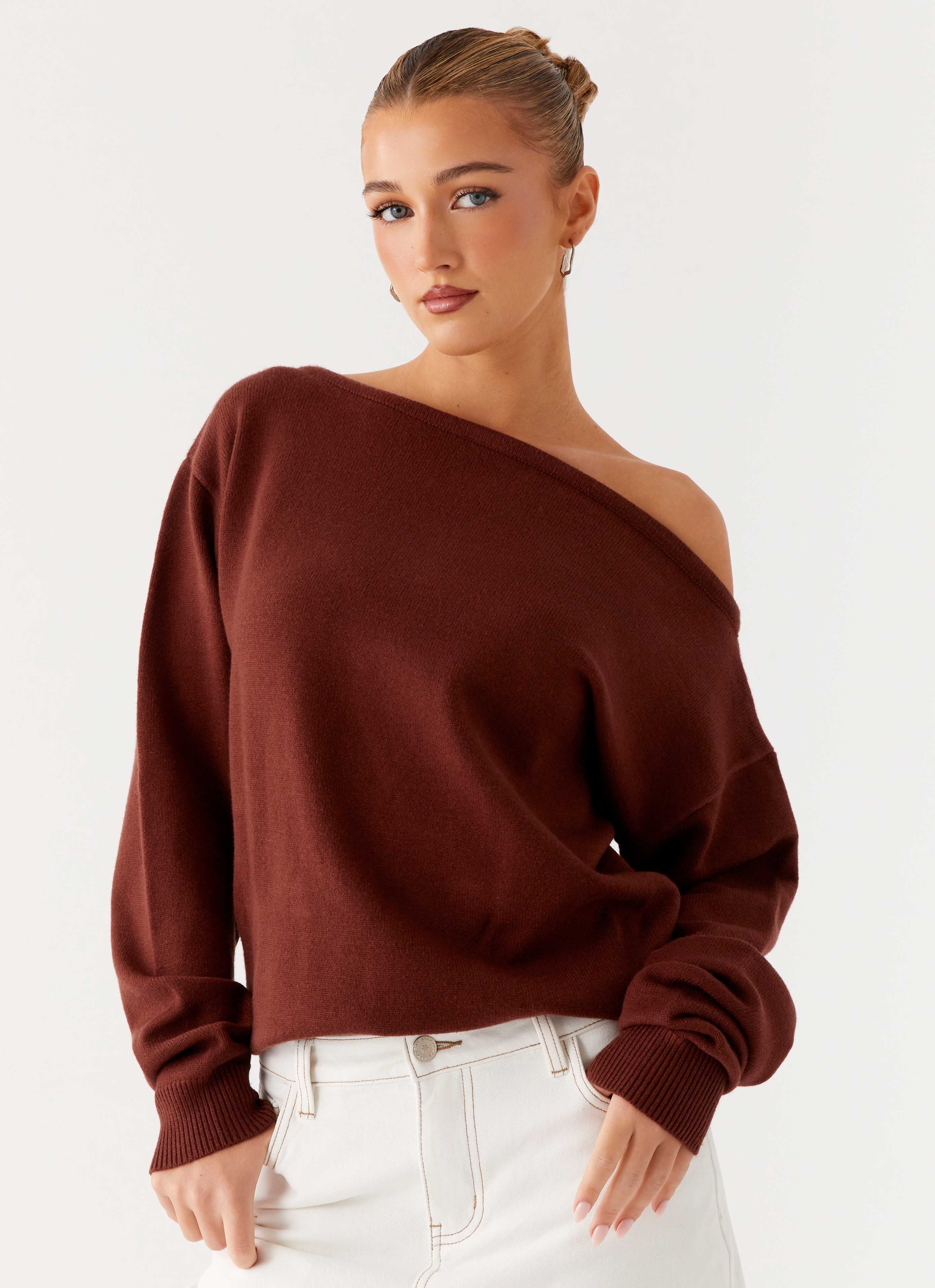 Jaelin Women's Asymmetric Tops - Stylish Chocolate Brown Blouse for Casual & Party Wear | Trendy Off-Shoulder Shirt for Date Night & Evening Outfits