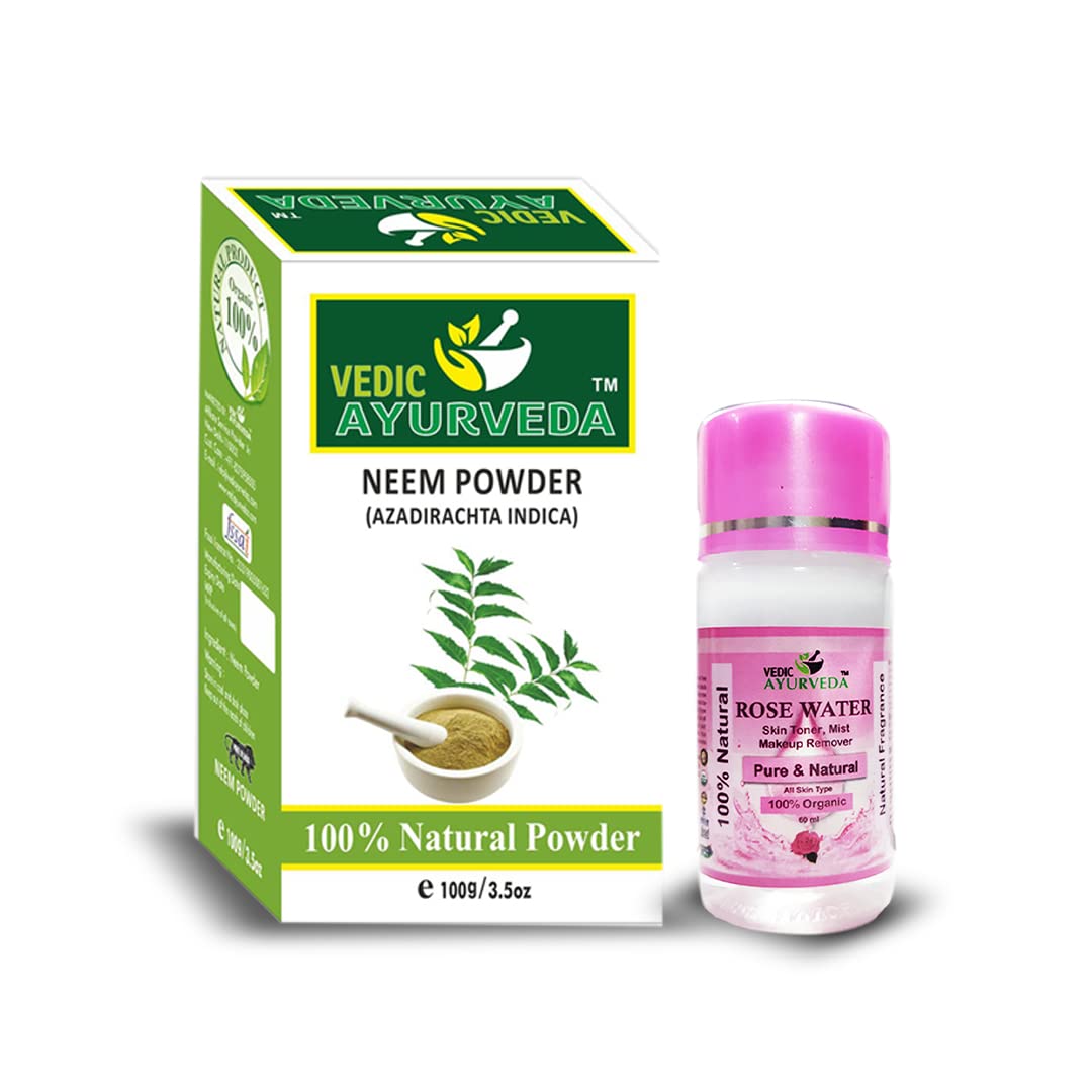 Organic Neem Powder Face Pack with Free Rose Water (60ml) - Natural Face Cleanser & Hair Treatment for Stronger Hair, Reduces Hair Fall & Dandruff, Promotes Healthy Hair Growth (100g Neem Powder + 60ml Rose Water) - Perfect for Daily Skincare & Hair Care Routine