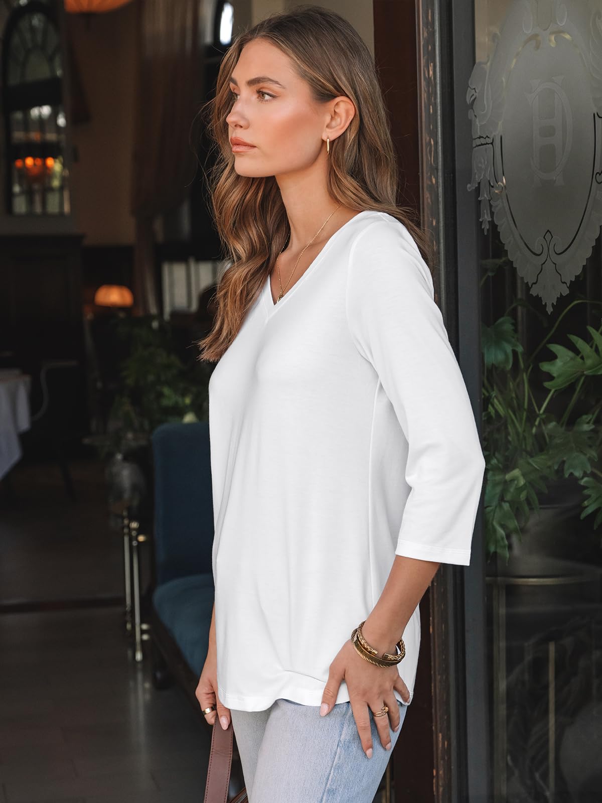 AUTOMET Women's 3/4 Sleeve V-Neck Tunic Top - 2025 Summer Casual & Work Blouse - Spring Office Wear, Weekend Outfits & Daily Comfort