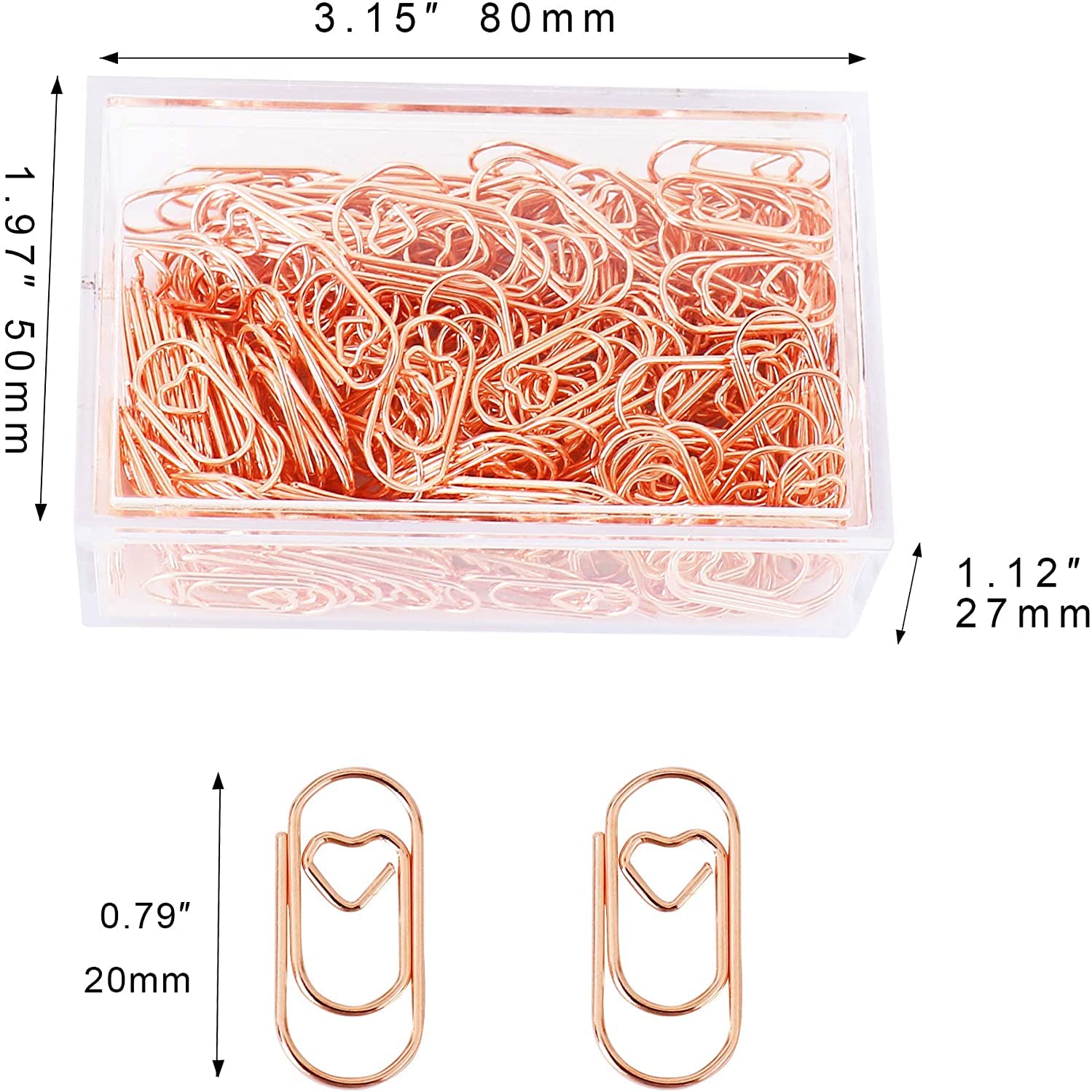 200 Pcs Rose Gold Heart Shaped Paper Clips - Small Stainless Steel Office Supplies with Tin Holder for School, Home & Desk Organization - Perfect for Gift Wrapping, Scrapbooking & Document Filing