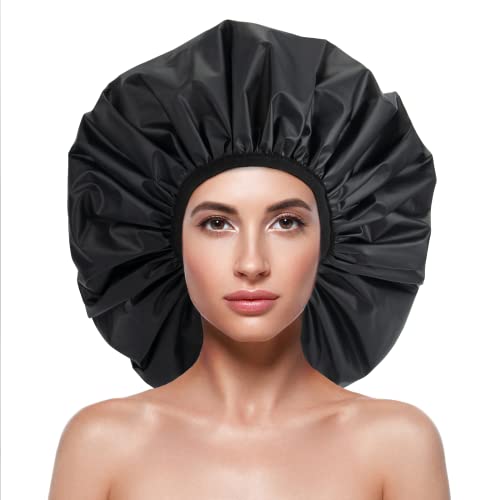 Extra Large Shower Cap for Women & Men - Reusable Waterproof EVA Plastic Hair Cap for Shower, Bathing, Swimming - Jumbo Size Fits Long Hair, Braids & Curls (XL, Black) - Perfect for Travel, Spa & Home Use