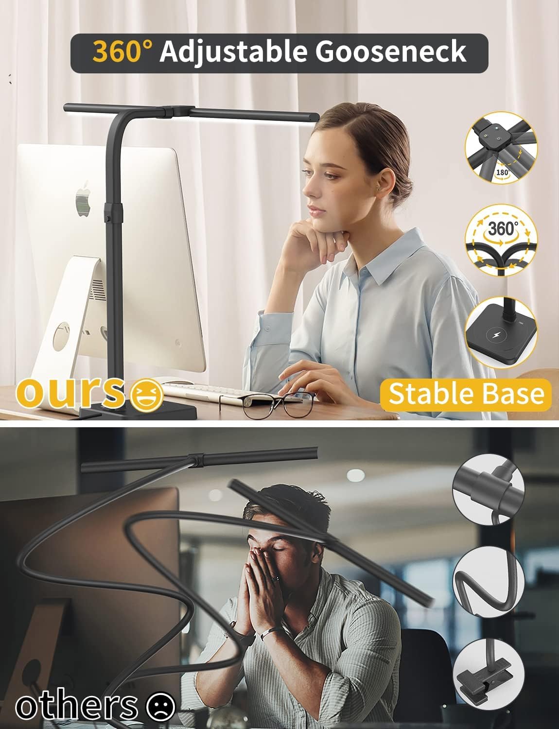 AKRRYR 24W LED Desk Lamp with USB Charging & Wireless Charger - Adjustable Dual Head Architect Light, 5 Color Modes & 5 Brightness Levels, Flexible Gooseneck for Home Office, Computer Study, Reading & Nightstand Use (Black)