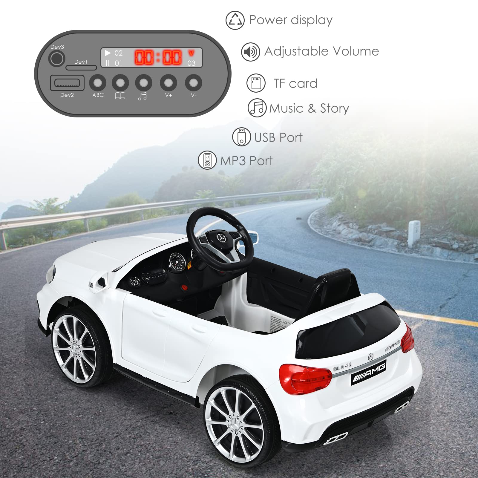 INFANS 12V Electric Kids Ride On Car - Licensed Mercedes Benz GLA45 Toy Car with Parent Remote Control, MP3 Player, USB Port, 2 Speed Modes & LED Lights - Battery Powered Toy Vehicle for Toddlers & Children (White) - Perfect for Birthday Gifts, Outdoor Play & Indoor Fun