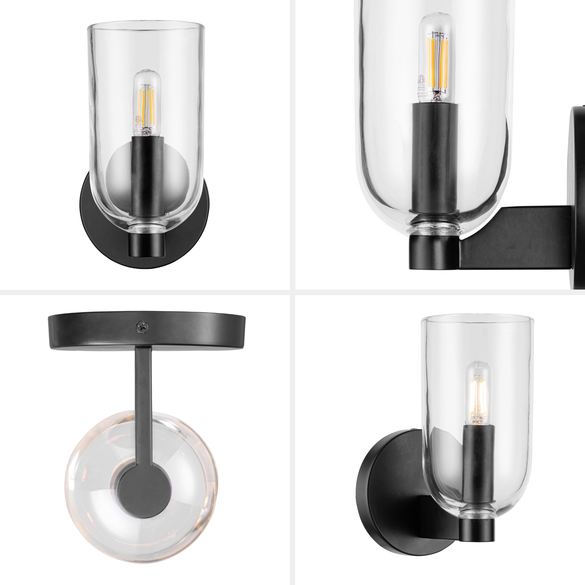 1 Light Hansley Wall Sconce - Matte Black with Clear Glass Shade for Bedroom, Living Room, or Hallway Lighting