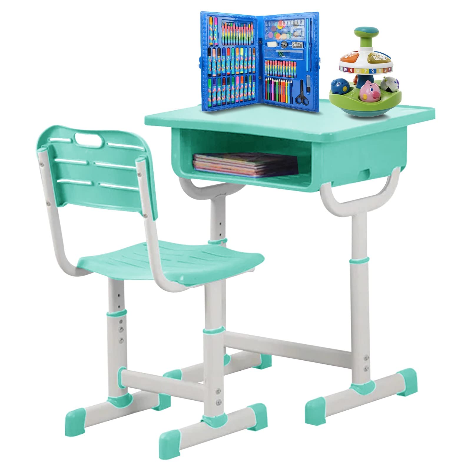 Adjustable Kids Desk and Chair Set - Ergonomic Study Desk for Boys & Girls, Height Adjustable Children's Writing Table with Sturdy Chair, Mint Green - Perfect for Homeschooling, Online Learning & Bedroom Study Space
