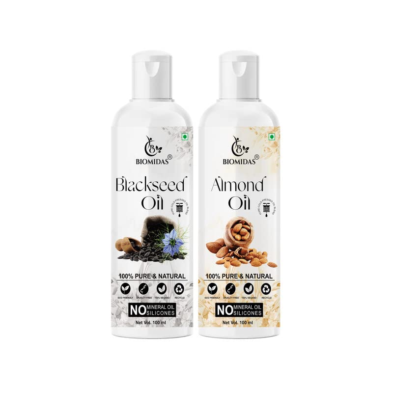 Biomidas 100% Pure Black Seed Oil & Sweet Almond Oil Combo (100ml Each) - Promotes Rapid Hair Growth, Reduces Hair Fall & Split Ends for Softer, Shinier Hair - Perfect for Daily Hair Care & Scalp Treatment (Pack of 2)