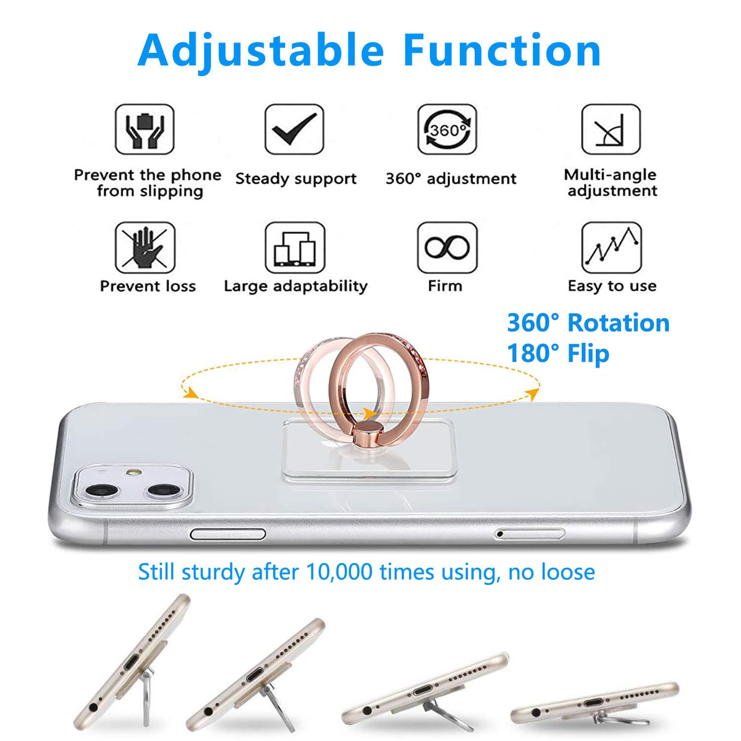 5-Pack Silver & Clear Phone Ring Holder Stand - 360° Rotating Kickstand for Phones & Tablets - Secure Grip for Daily Use