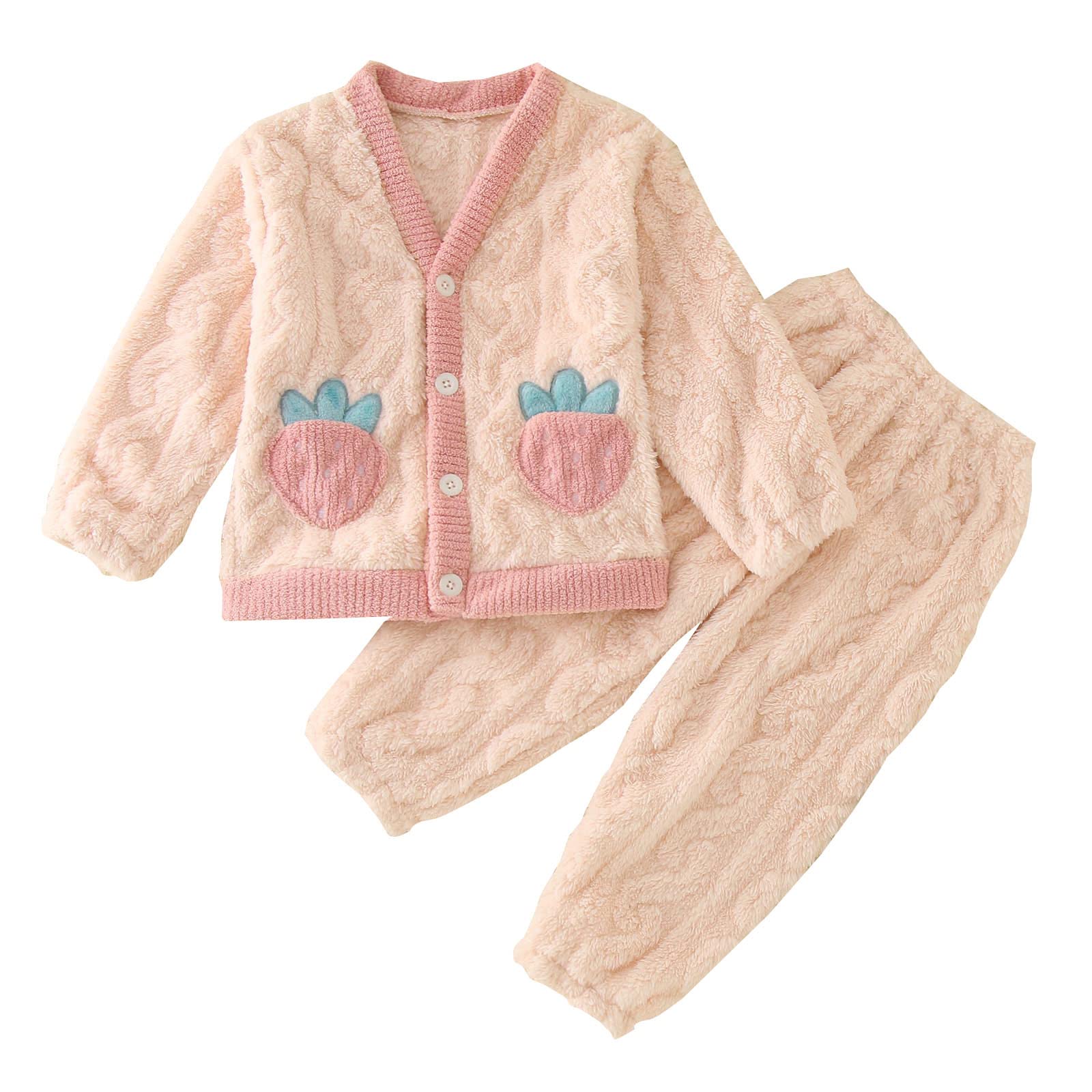 Girls Strawberry Print 2-Piece Outfit Set - Long Sleeve Top & Pants for Babies 6-12 Months (Pink) | Cute Spring/Fall Baby Clothes for Playdates & Photo Shoots