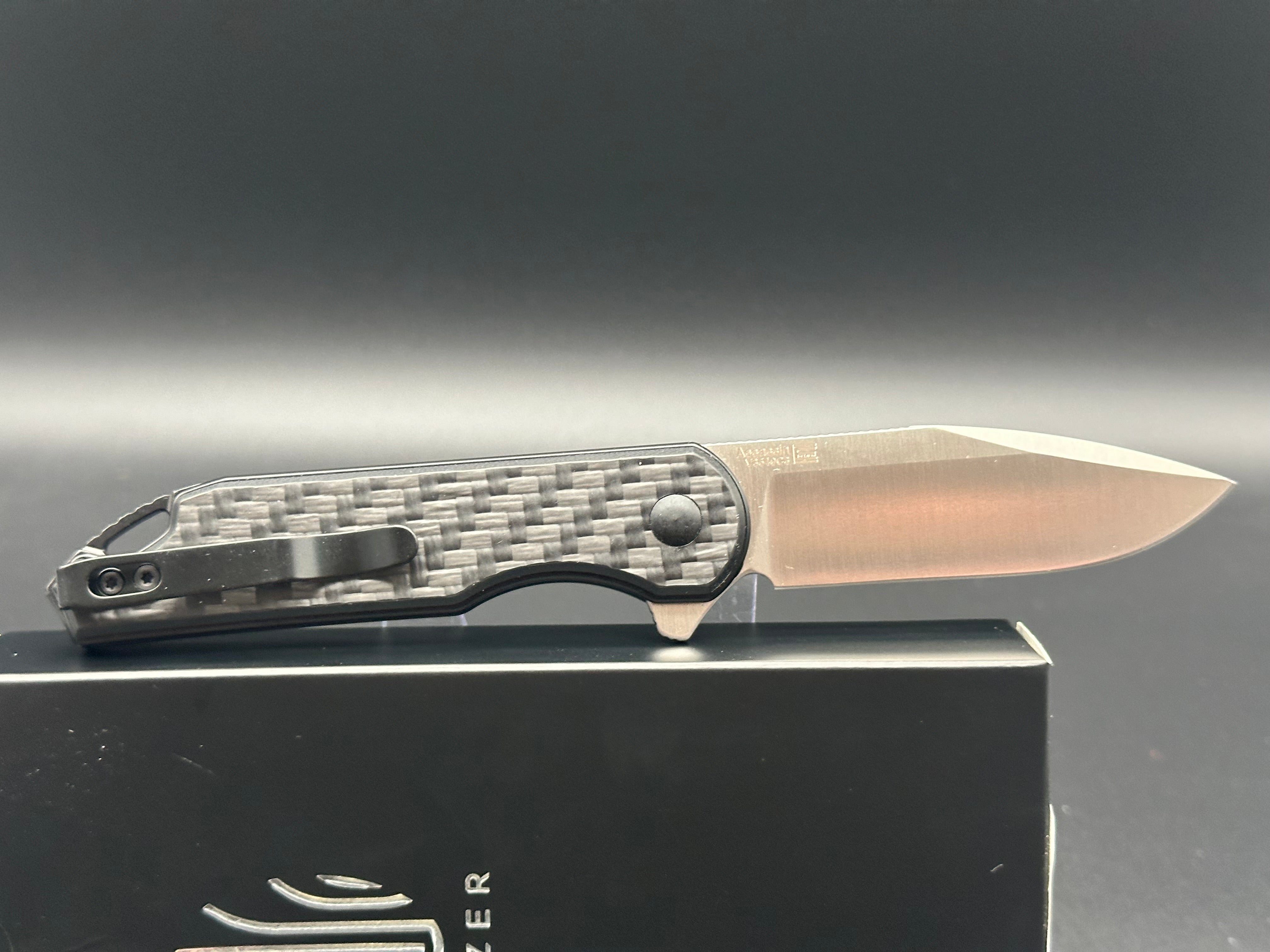 KIZER ASSASSIN Folding Pocket Knife - Black Carbon Fiber/G10 Handle with 154CM Steel Blade - EDC, Outdoor, Camping & Survival Tool