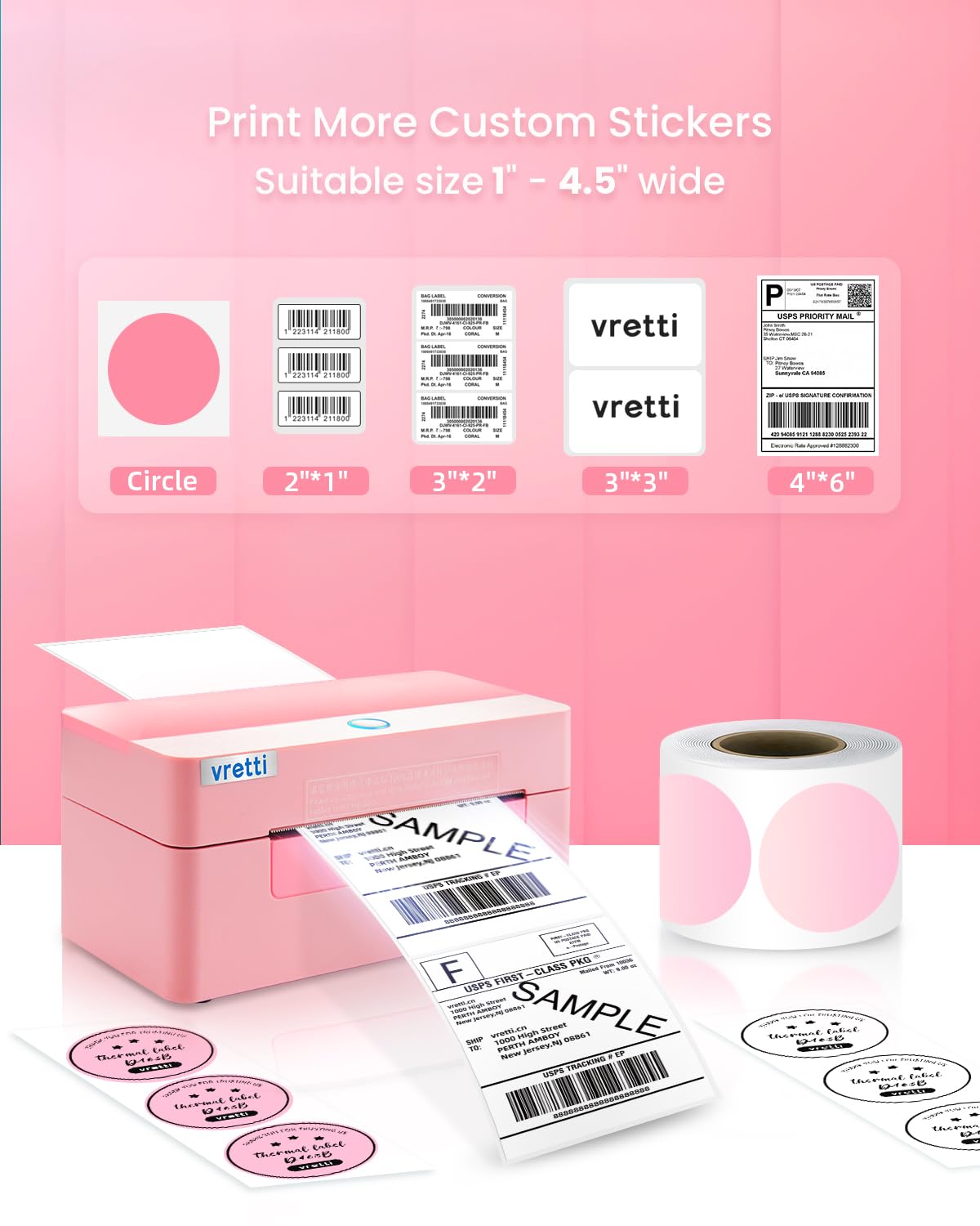 Vretti Bluetooth Thermal Label Printer 4x6 - Wireless Shipping Label Printer for USPS UPS Amazon Packages - Compatible with iPhone Android Windows Mac - Perfect for Small Business & Home Shipping (Pink)