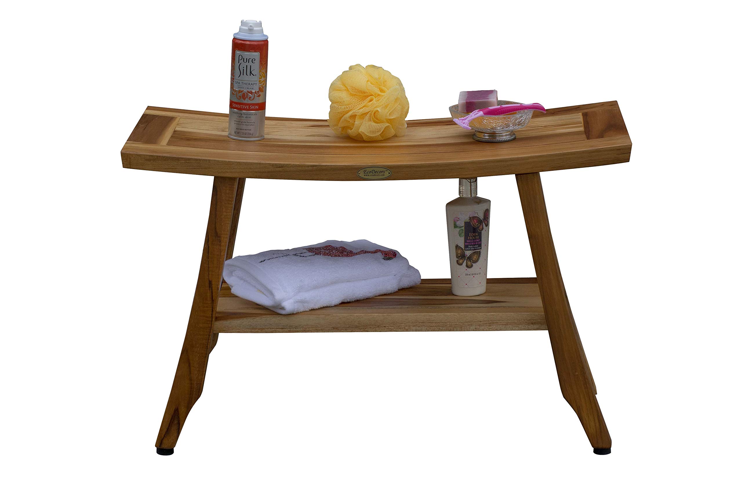 EcoDecors 28 Inch Satori Natural Teak Waterproof Shower Bench - Teak Wood Bath Stool Seat Chair for Shower Safety with Storage, Perfect for Bathroom Organization & Spa Relaxation