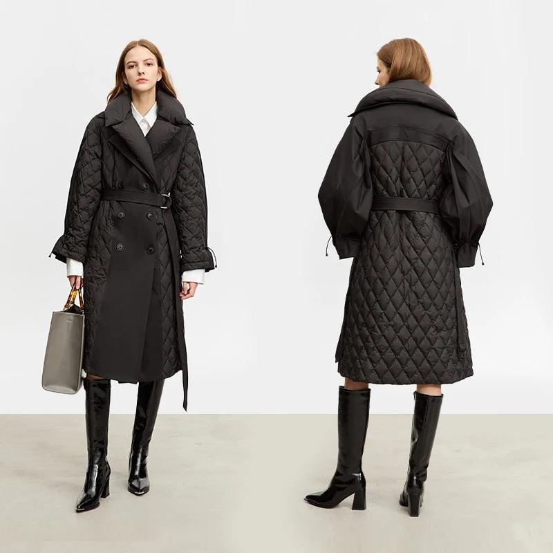 Minimalist Winter Women's Down Coat - Warm Long Double Breasted Jacket with Detachable Faux Fur Collar | Waterproof Windproof Puffer Coat for Cold Weather, Outdoor Activities & Daily Commute