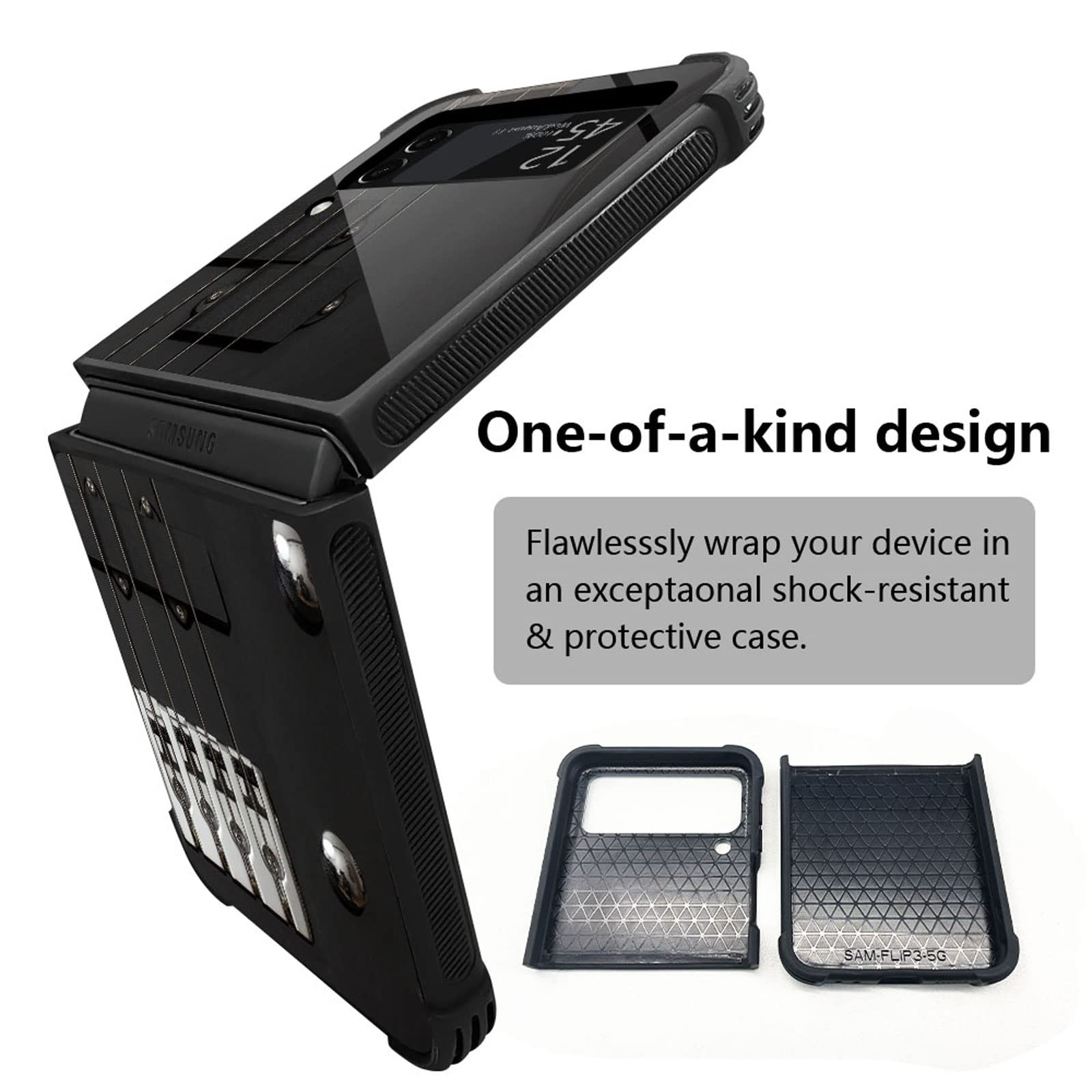 CARLOCA Shockproof Hard Acrylic Case for Samsung Galaxy Z Flip 3 5G - Guitar Bass Strings Black Graphic Design | Anti-Scratch Protective Cover | Perfect for Music Lovers & Daily Use