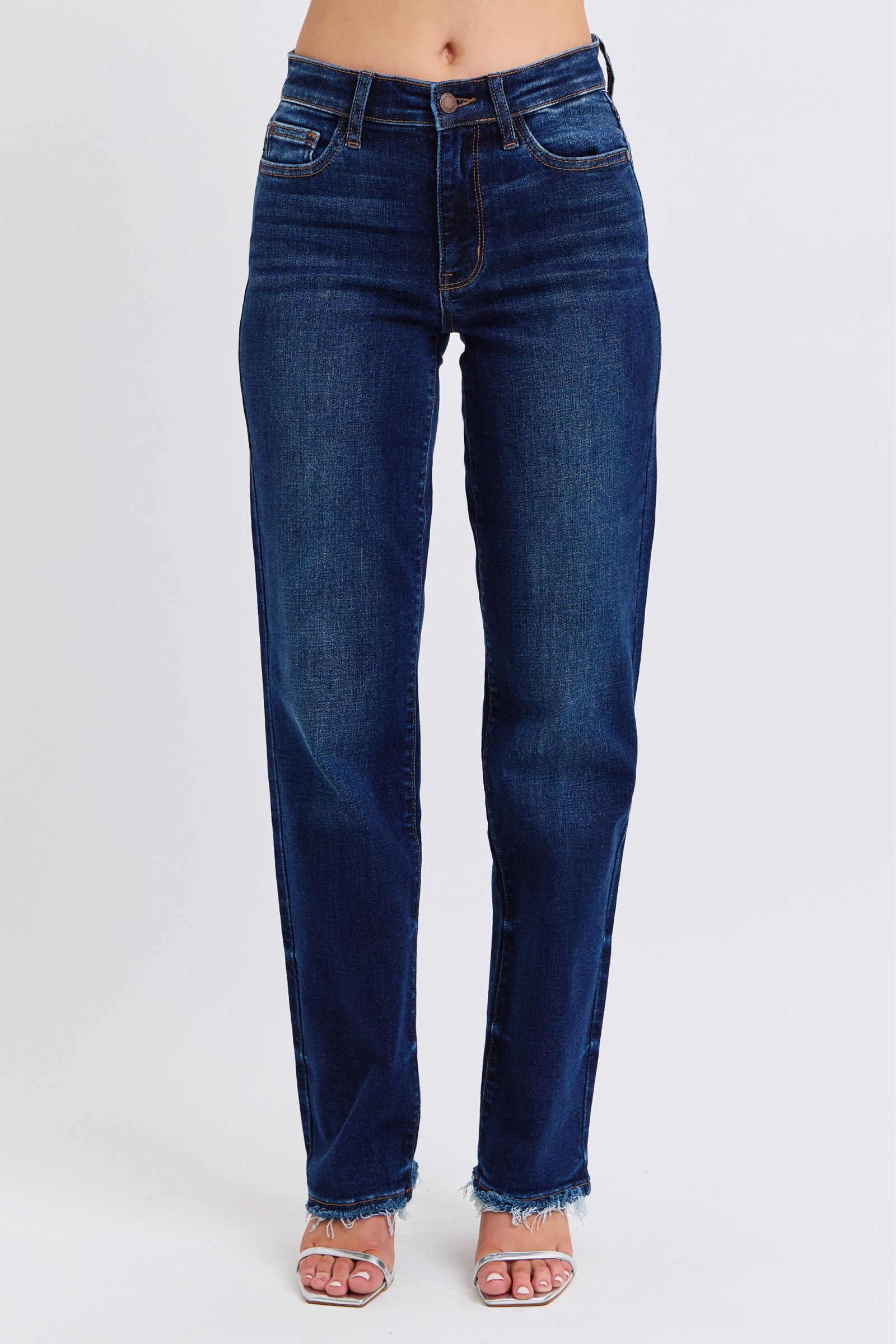 Judy Blue Women's Full Size Raw Hem Straight Leg Jeans - High Waist Denim Pants for Casual Wear & Everyday Outfits