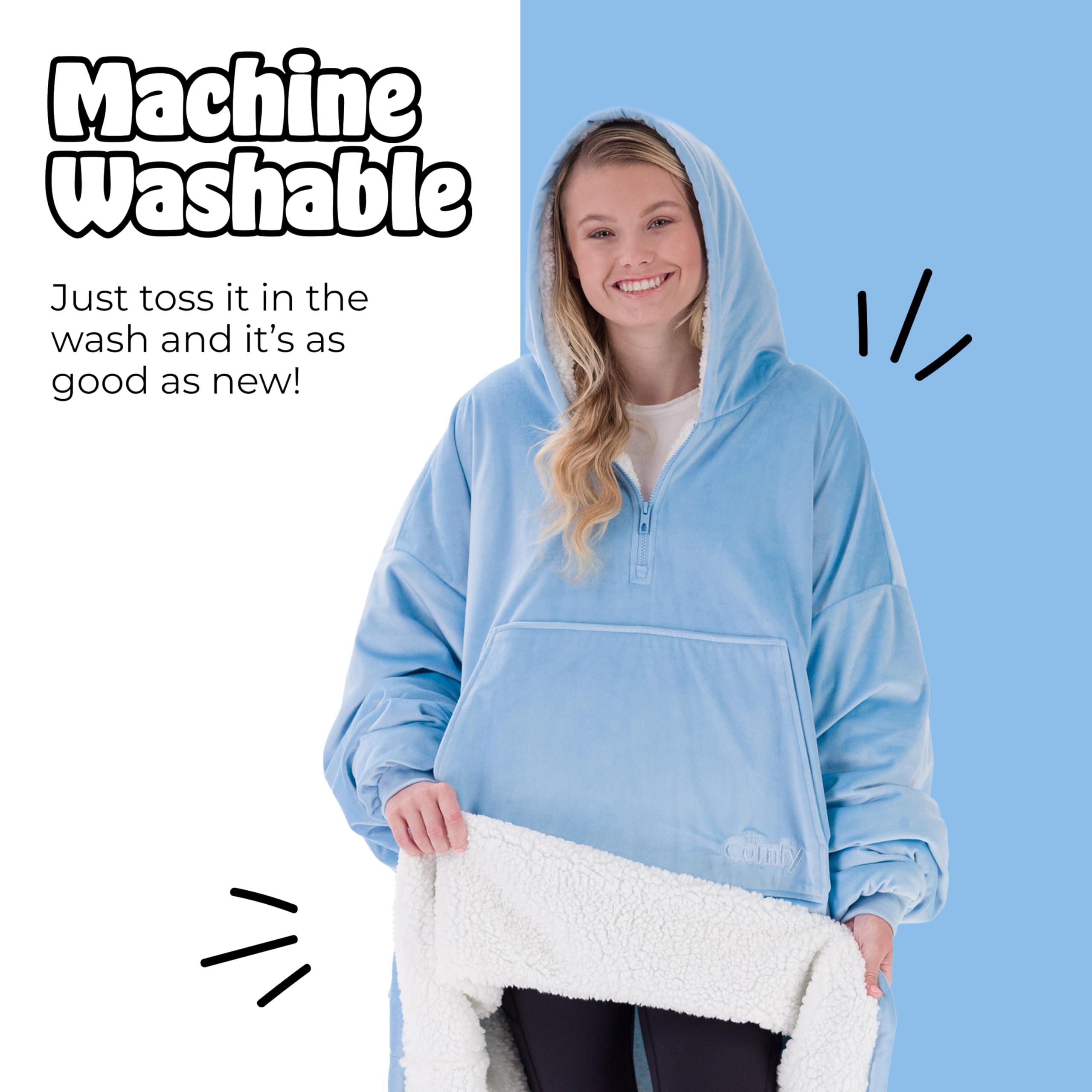 The COMFY Original Quarter-Zip Wearable Blanket - Extra Long Sherpa-Lined Microfiber Fleece with Hood & Pocket | Oversized Unisex Design for Women & Men | Shark Tank Featured | Perfect for Lounging, Movie Nights & Cold Weather Comfort