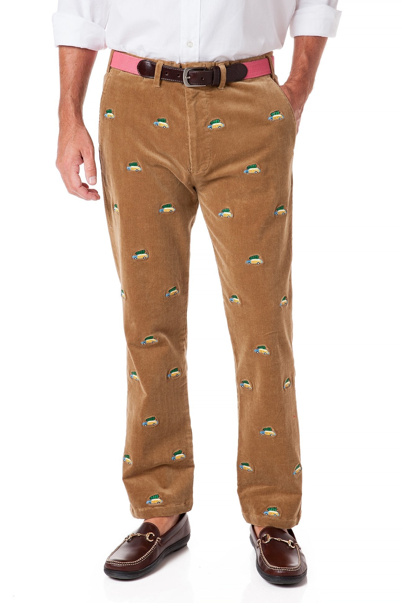 Beachcomber Cord Pants for Men - Khaki Corduroy Trousers with Woody & Christmas Tree Print | Casual Winter Wear for Holiday Outfits & Festive Gatherings