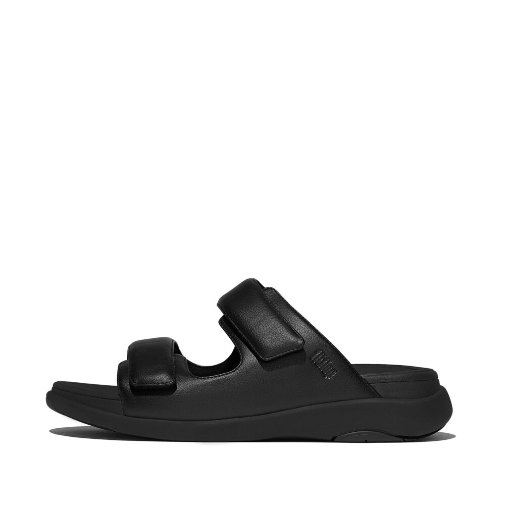 FitFlop Men's F-Mode Go Adjustable Two-Bar Slide Sandals - All Black | Comfortable & Supportive Footwear for Walking, Travel & Casual Wear