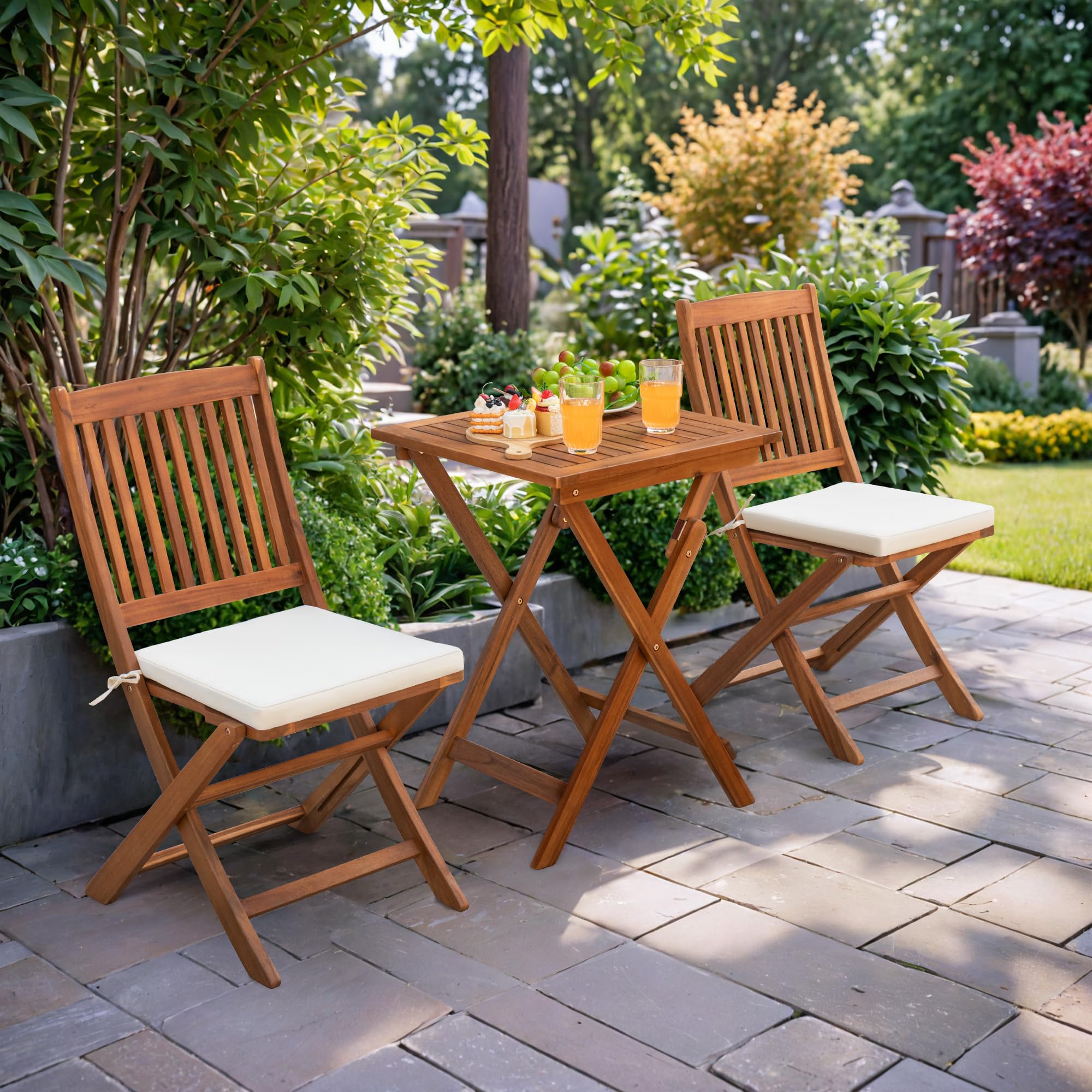 Greesum 3-Piece Acacia Wood Patio Bistro Set with 2 Cushions - Foldable Outdoor Furniture for Poolside, Beach, Backyard, Balcony, Porch & Garden - Perfect for Relaxing & Entertaining Guests Al Fresco