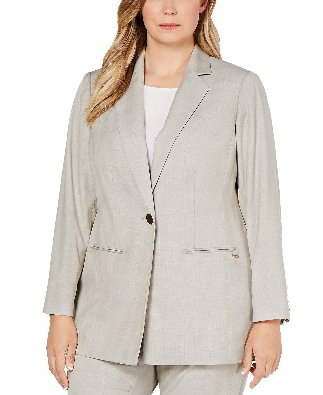 Calvin Klein Women's Plus Size One-Button Shadow Plaid Blazer Jacket in Beige - Size 14W | Professional Office Wear, Business Casual Outfits & Formal Occasions