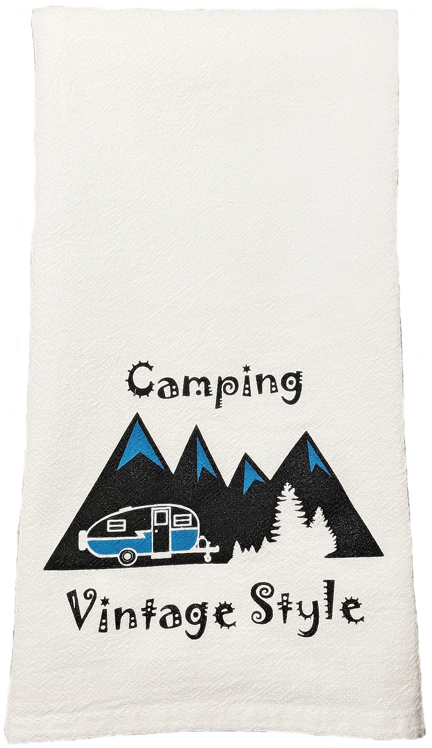 Vintage Style Camping Dish Towels - Absorbent Linen Kitchen Towels with Funny Sayings for RV, Camper & Outdoor Adventures (Blue) | Perfect for Camping Trips, Picnics & RV Decor