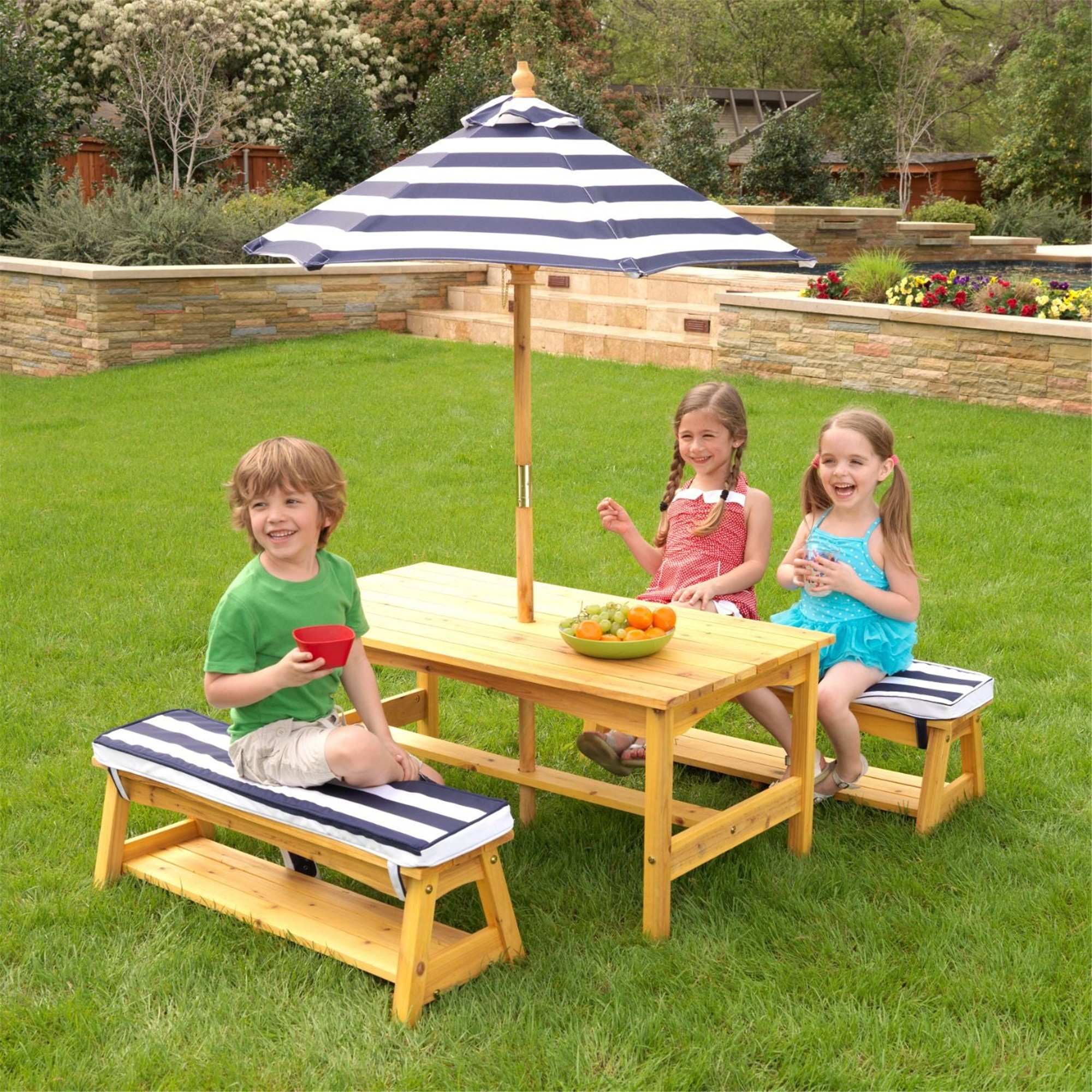 KidKraft Outdoor Table and Bench Set with Cushions & Umbrella - Navy & White Stripes - Perfect for Backyard, Patio, and Garden Playtime