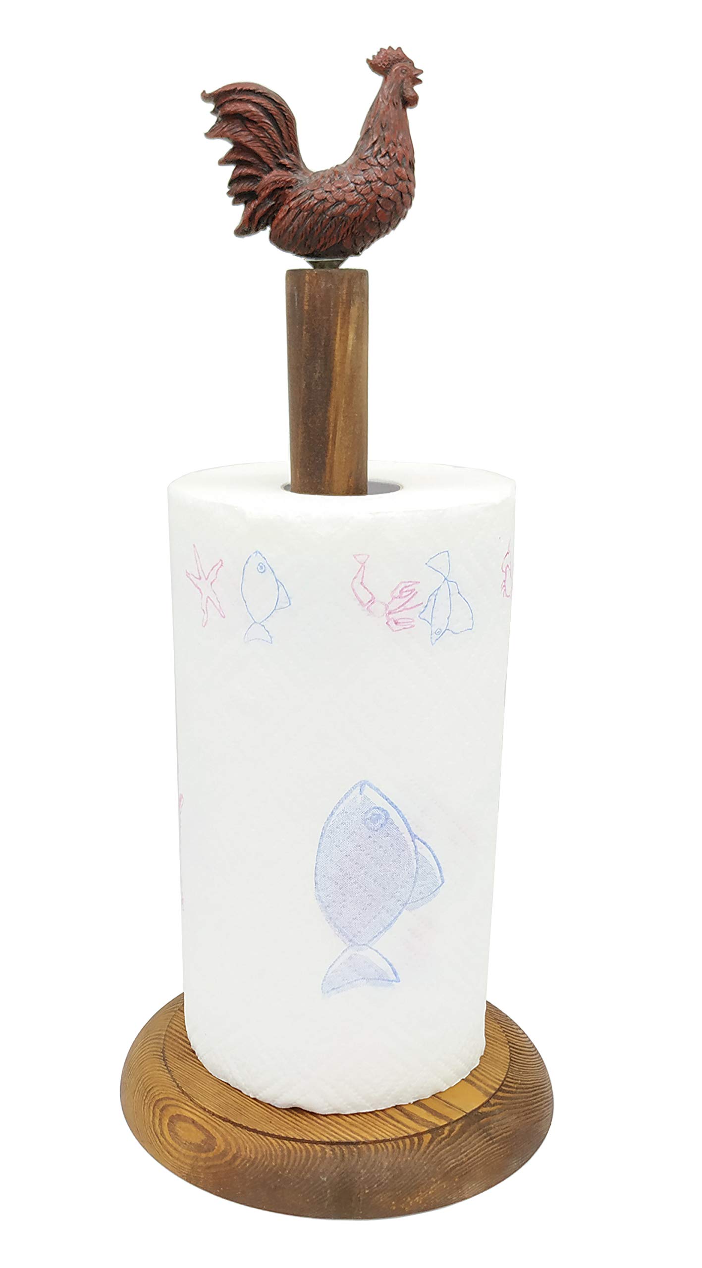 Rooster Design Wooden Paper Towel Holder Stand - One-Handed Tear Kitchen Paper Towel Dispenser with Weighted Base for Standard Rolls (Rustic Brown) - Perfect for Farmhouse, Country Style Kitchens & Rustic Home Decor